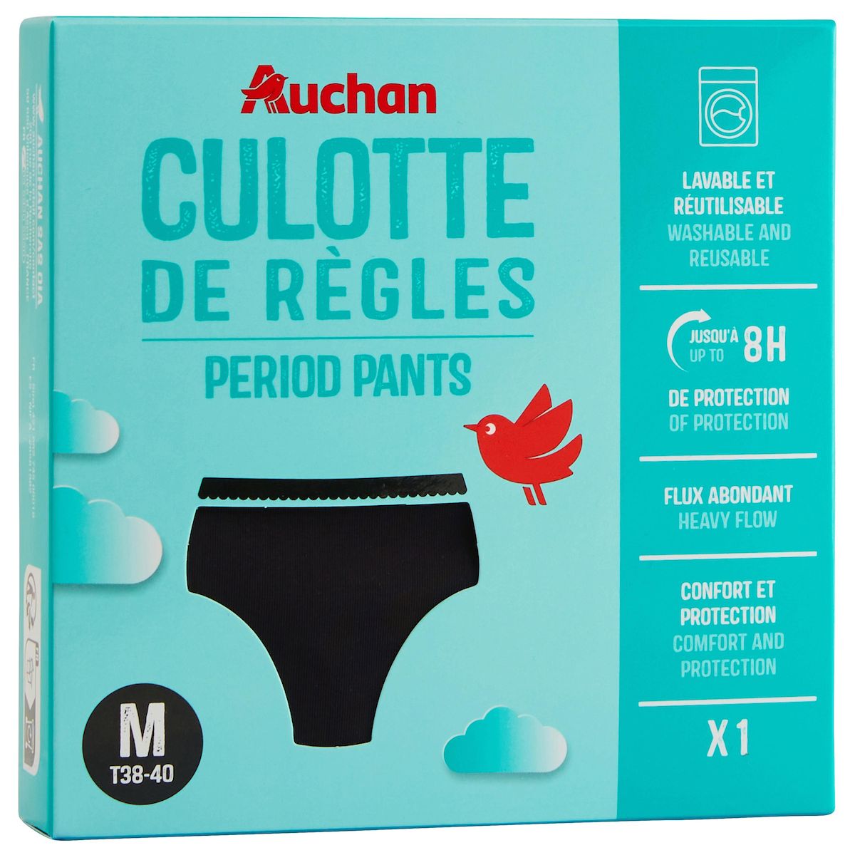 AUCHAN Culotte périodique flux élevé taille M noire 1 culotte