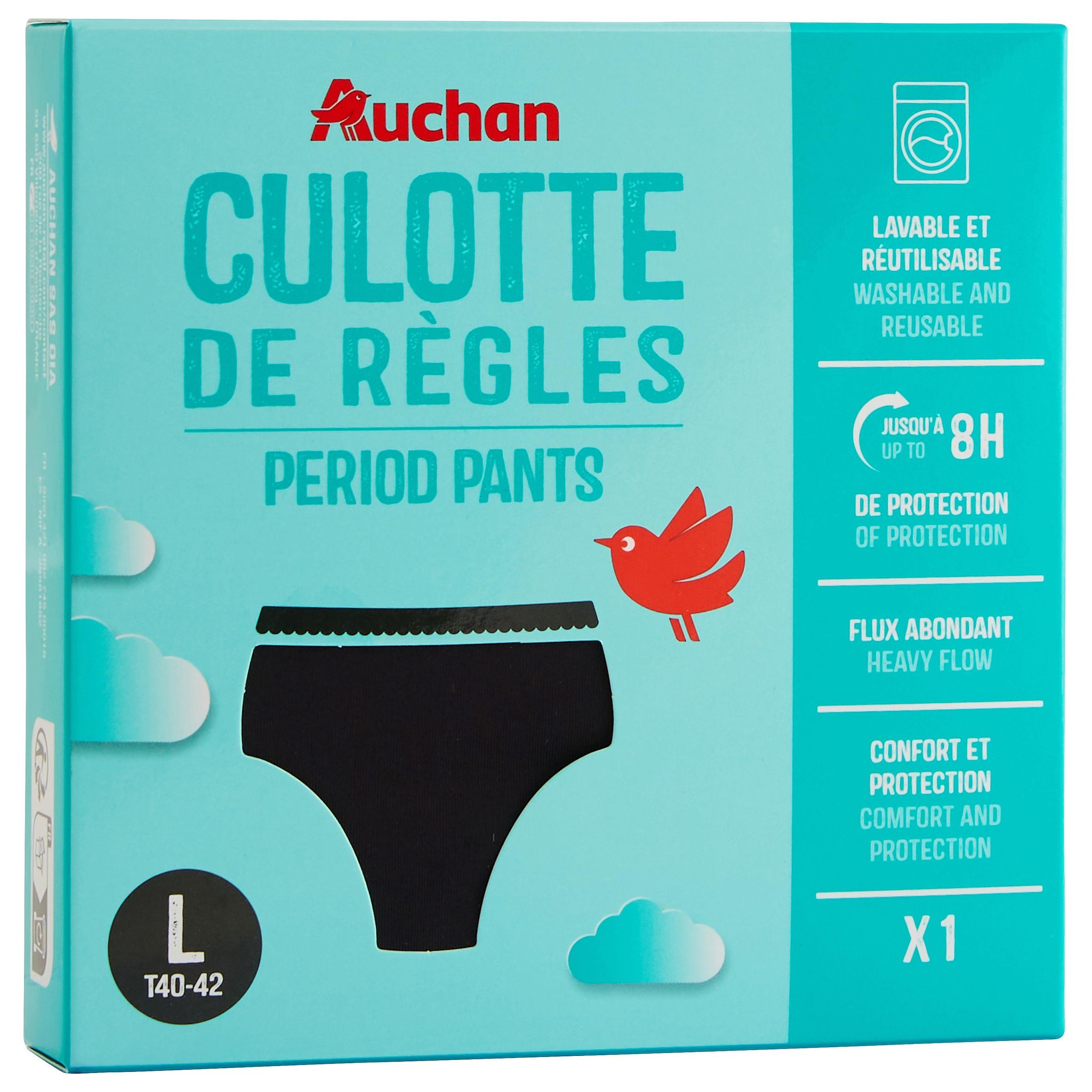 Voir la diapositive 3 : AUCHAN Culotte périodique flux élevé taille L noire 1 culotte