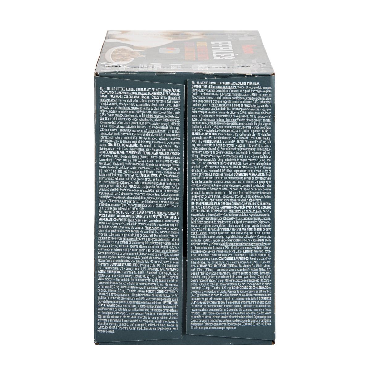 AUCHAN Effilés avec quatre recette : au poulet au bœuf et carottes au foie à la dinde et haricots verts 12 sachets 12 x 85 gr