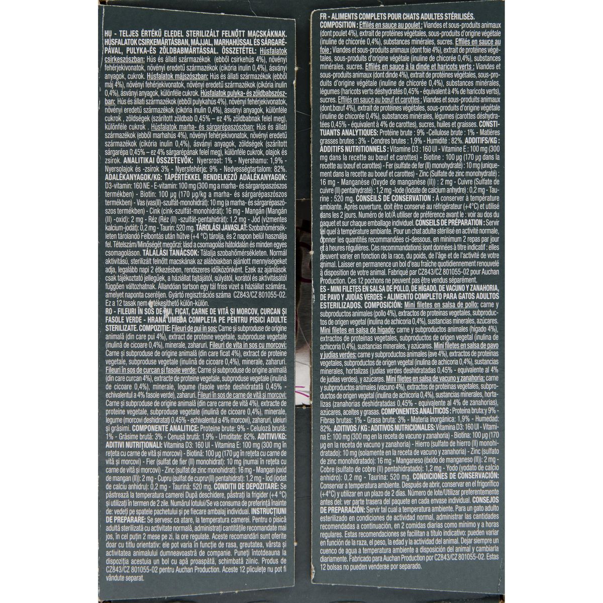 AUCHAN Effilés avec quatre recette : au poulet au bœuf et carottes au foie à la dinde et haricots verts 12 sachets 12 x 85 gr