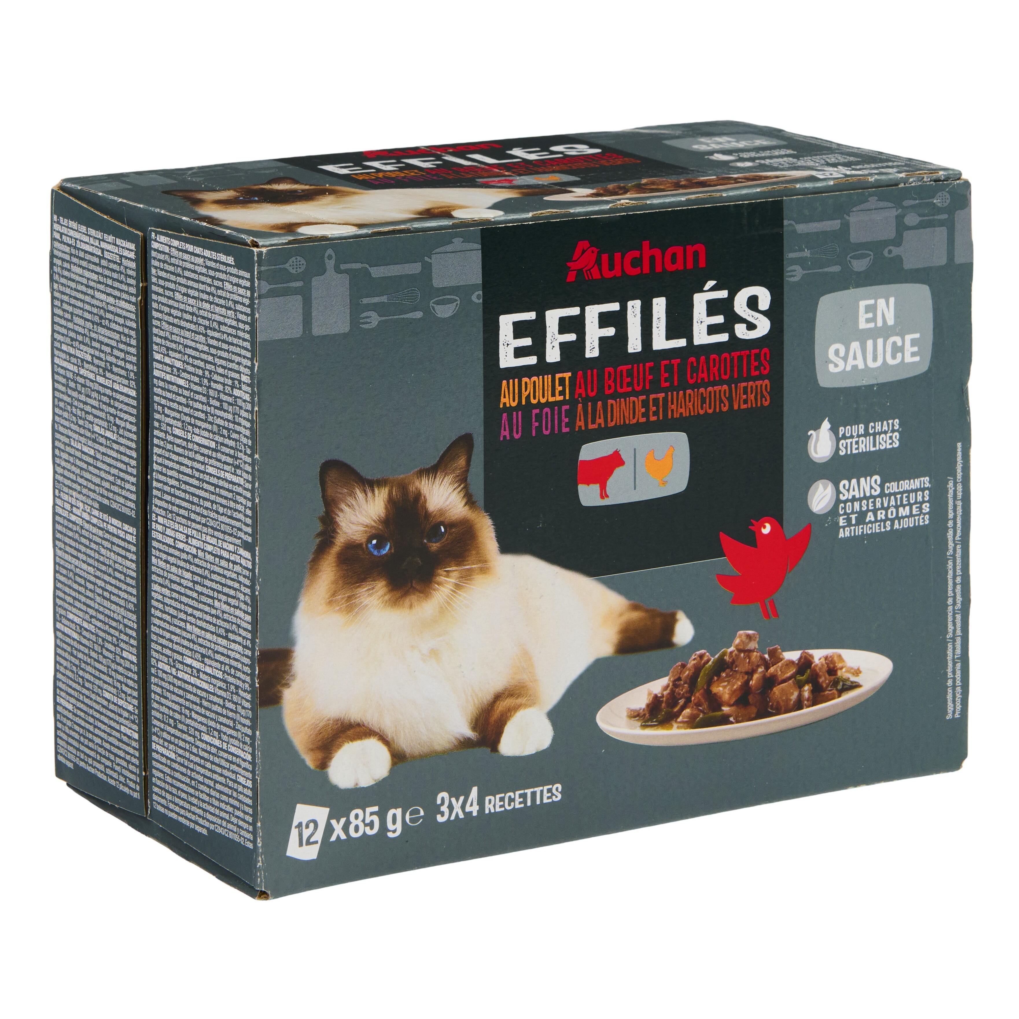 Voir la diapositive 4 : AUCHAN Effilés avec quatre recette : au poulet au bœuf et carottes au foie à la dinde et haricots verts 12 sachets 12 x 85 gr
