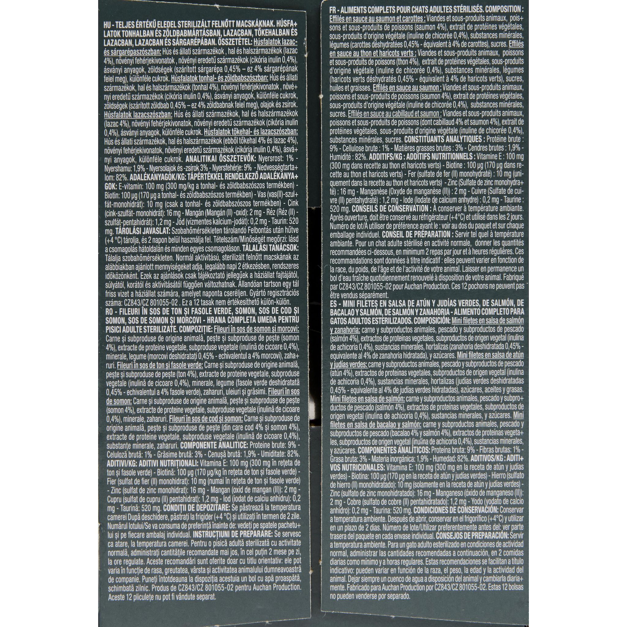 Voir la diapositive 2 : AUCHAN Sachets repas effilés en sauce poissons et légumes pour chat stérilisés 12 sachets 12x85g