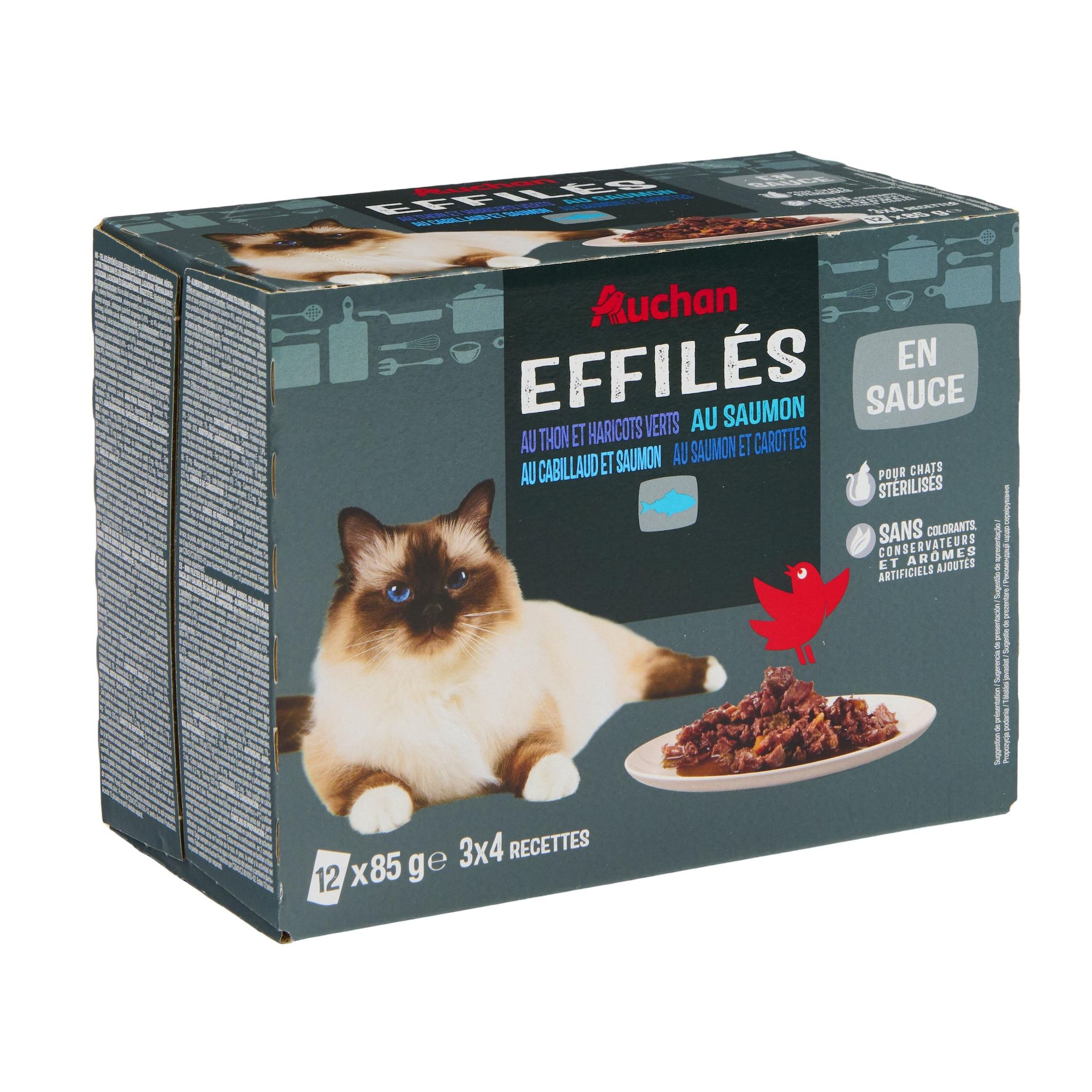 Voir la diapositive 3 : AUCHAN Sachets repas effilés en sauce poissons et légumes pour chat stérilisés 12 sachets 12x85g