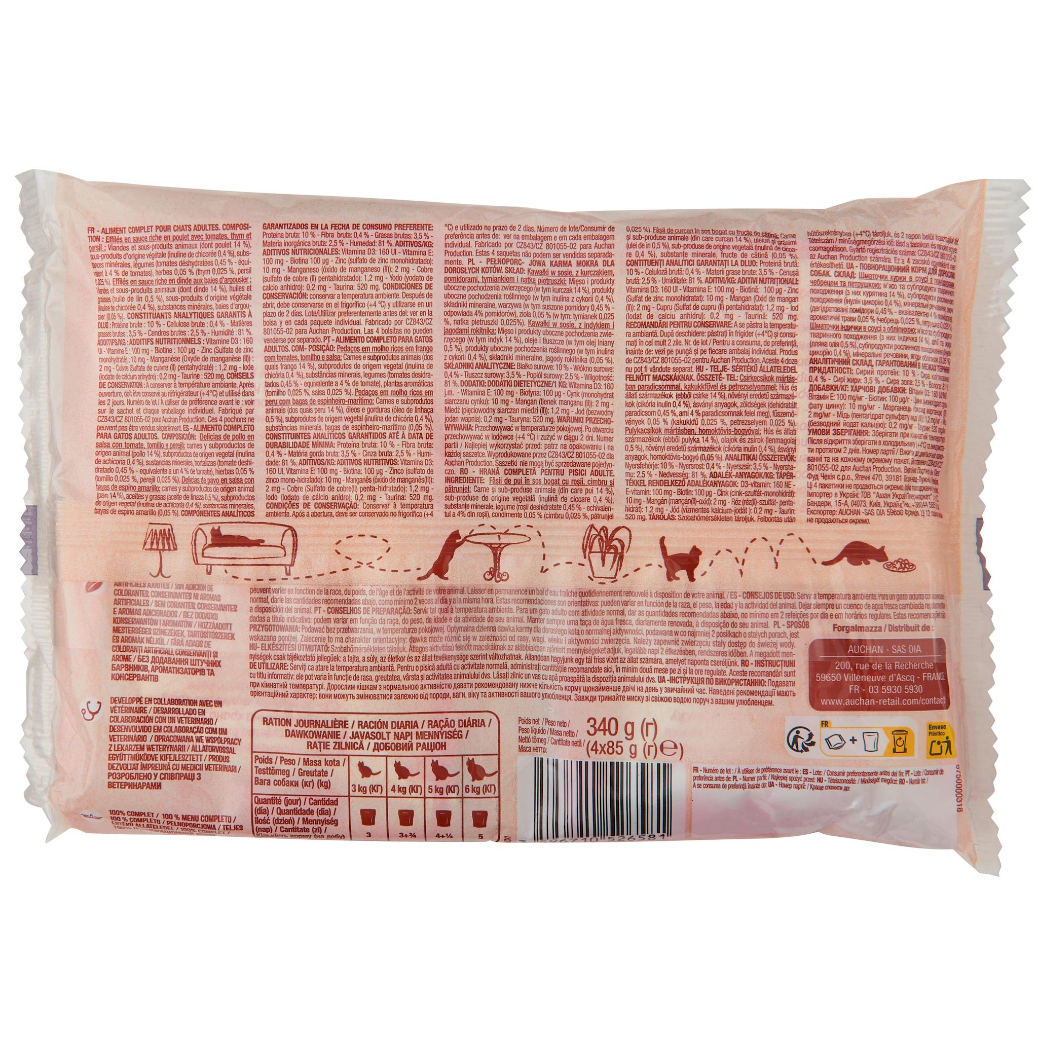 Voir la diapositive 2 : AUCHAN Sachets repas effilés en sauce poulet et dinde pour chat 4 sachets 4x85g