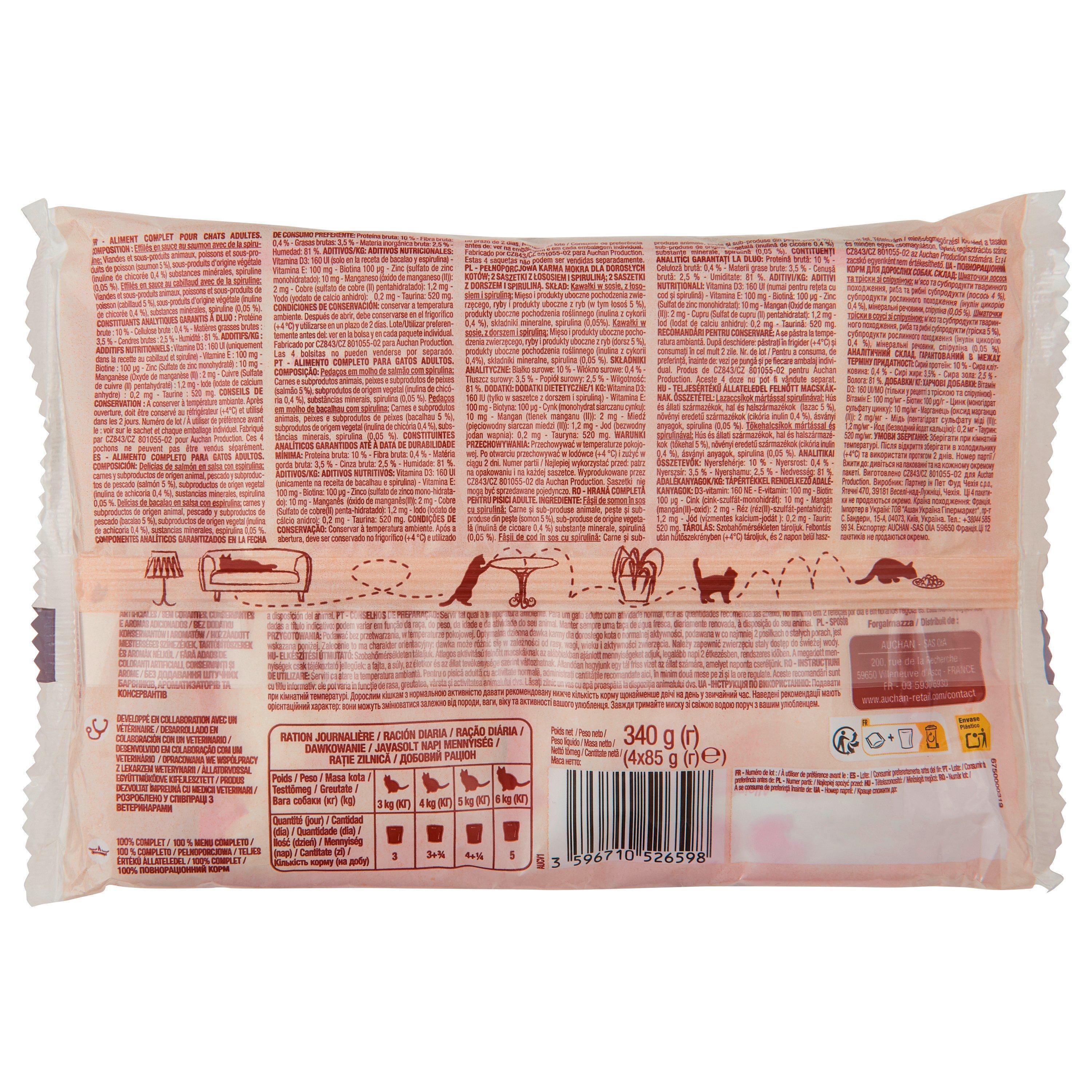 Voir la diapositive 2 : AUCHAN Sachets repas effilés en sauce saumon et cabillaud pour chat 4 sachets 4x85g