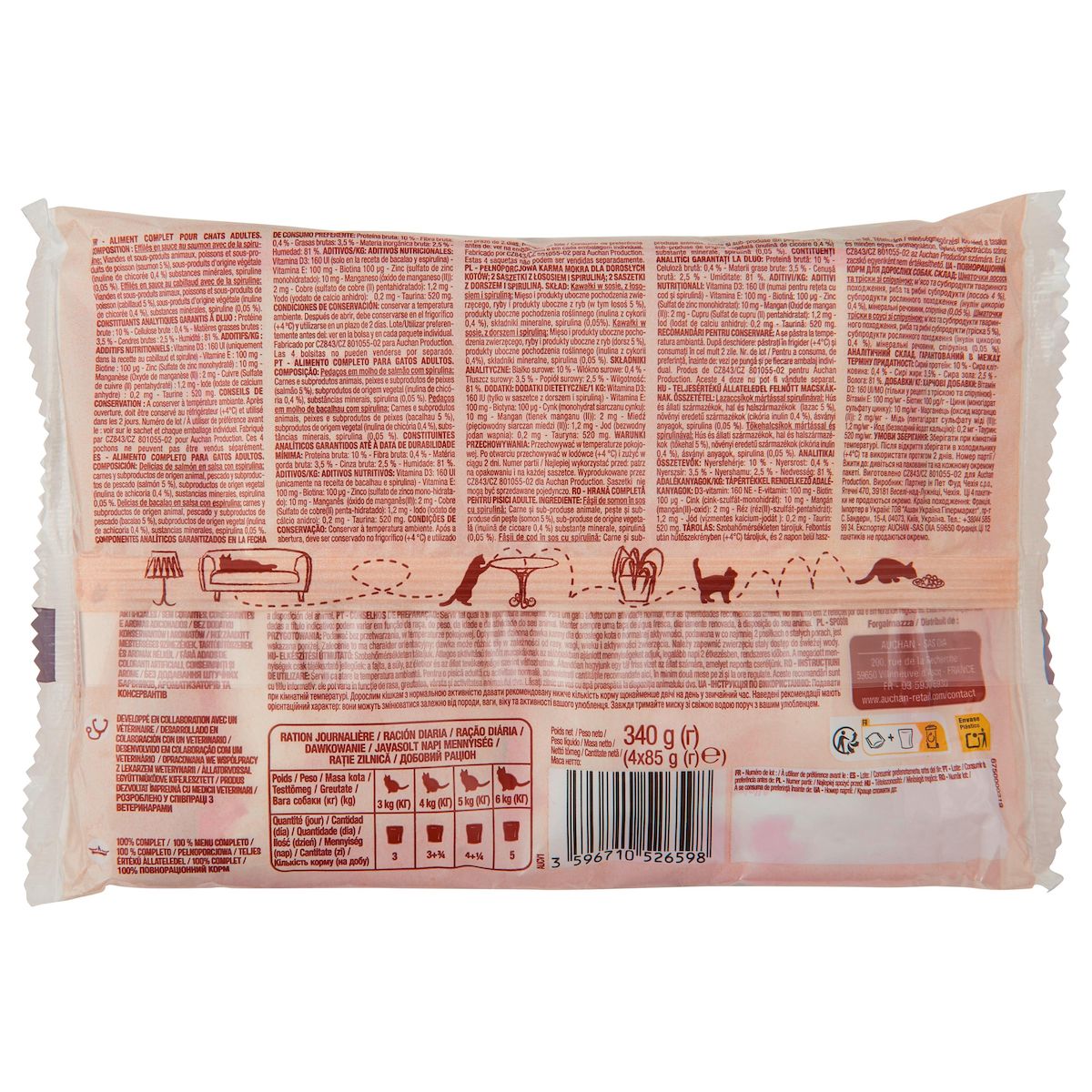 AUCHAN Sachets repas effilés en sauce saumon et cabillaud pour chat 4 sachets 4x85g