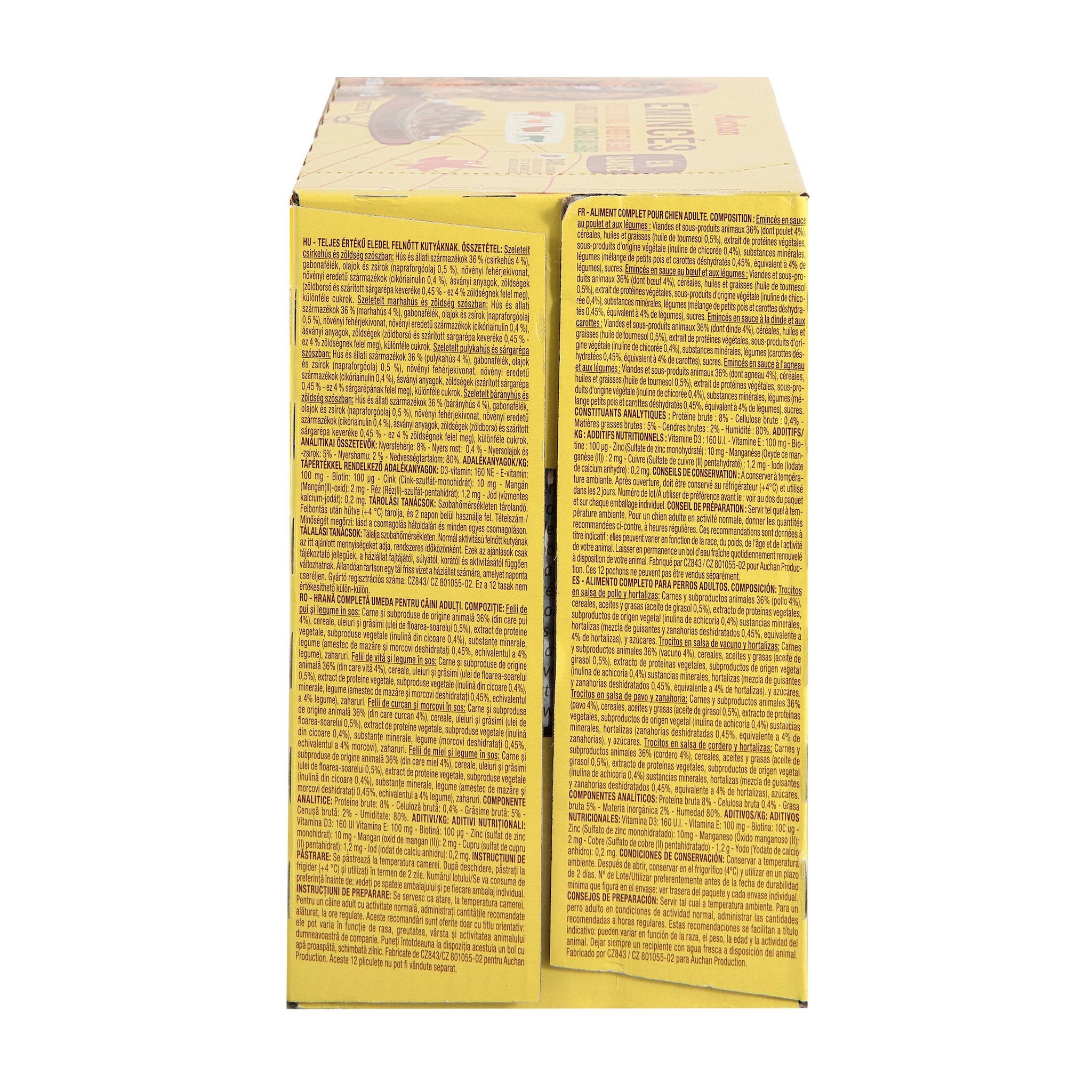 Voir la diapositive 2 : AUCHAN Sachets repas émincés en sauce viandes et légumes pour chien 12 sachets 12x100g