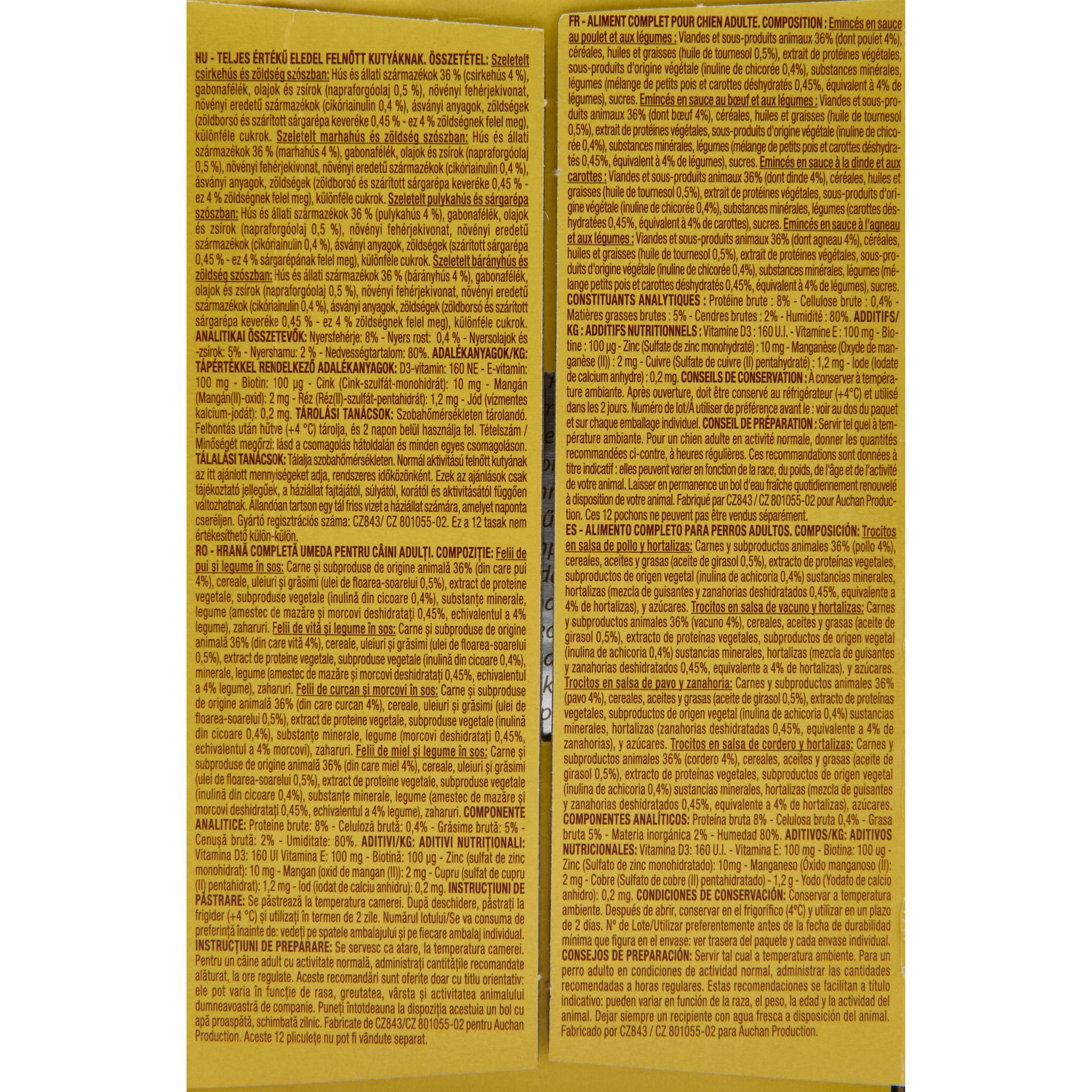 Voir la diapositive 3 : AUCHAN Sachets repas émincés en sauce viandes et légumes pour chien 12 sachets 12x100g