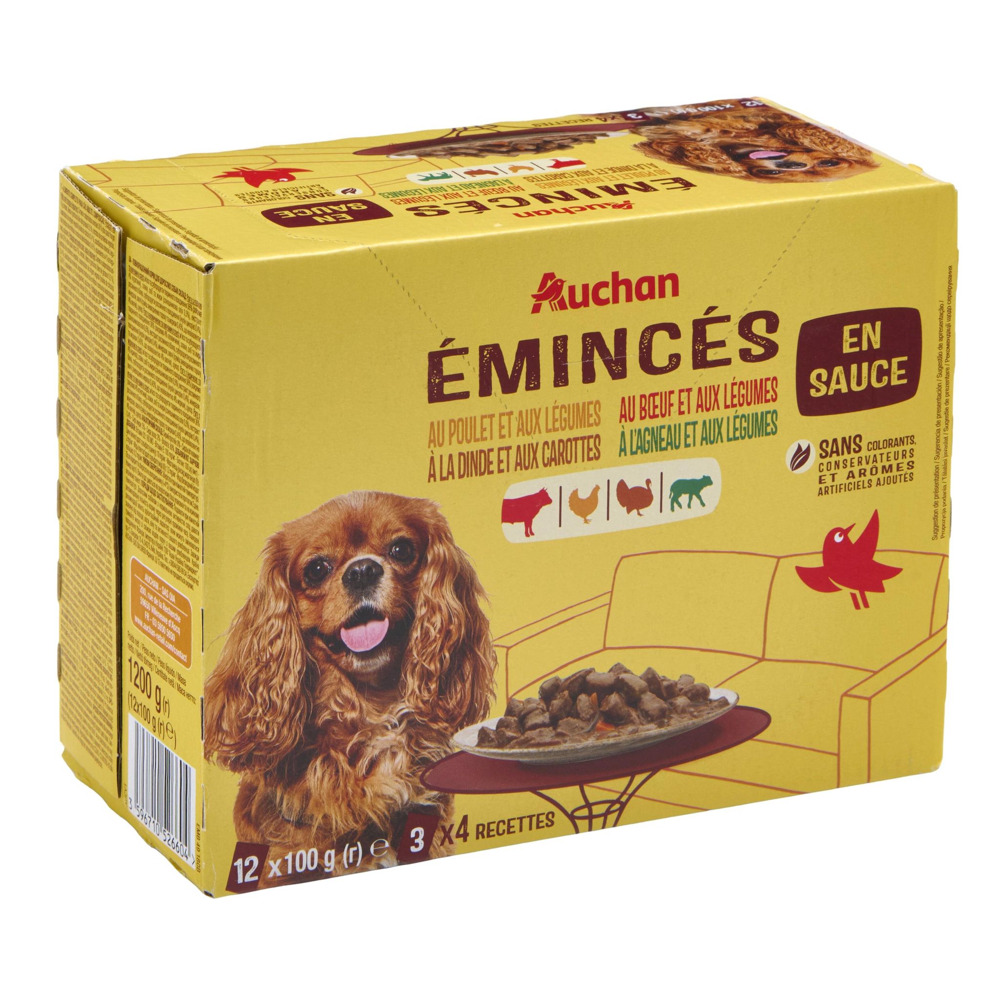 Voir la diapositive 4 : AUCHAN Sachets repas émincés en sauce viandes et légumes pour chien 12 sachets 12x100g