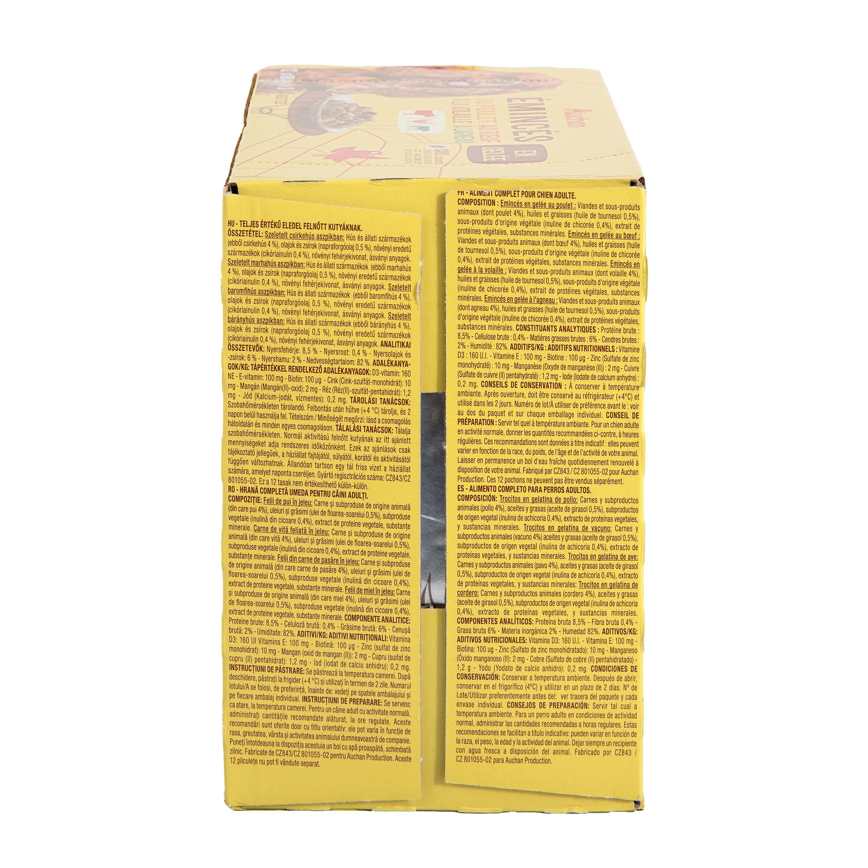 Voir la diapositive 2 : AUCHAN Sachets repas émincés en gelée viandes pour chien 12 sachets 12x100g