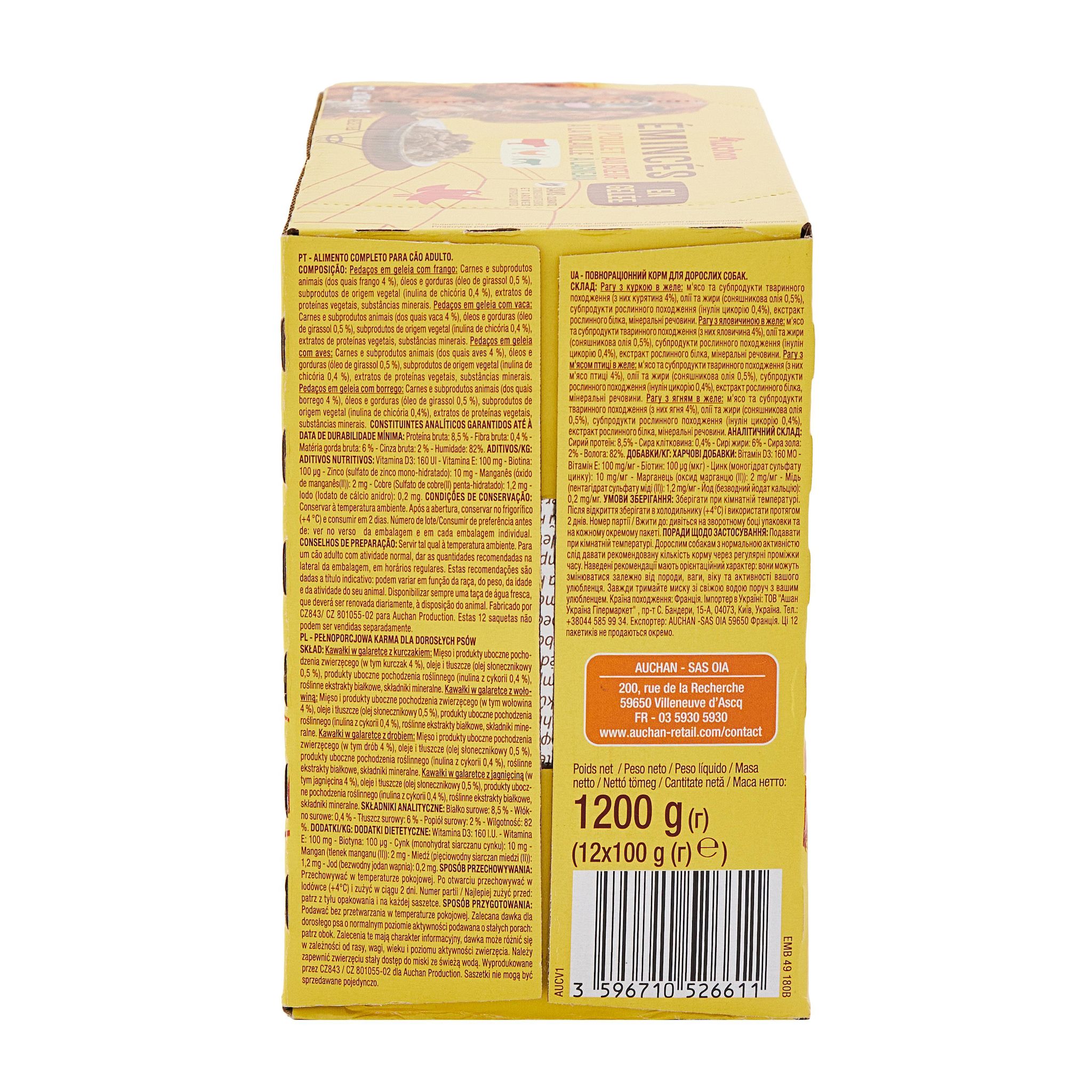 Voir la diapositive 2 : AUCHAN Sachets repas émincés en gelée viandes pour chien 12 sachets 12x100g