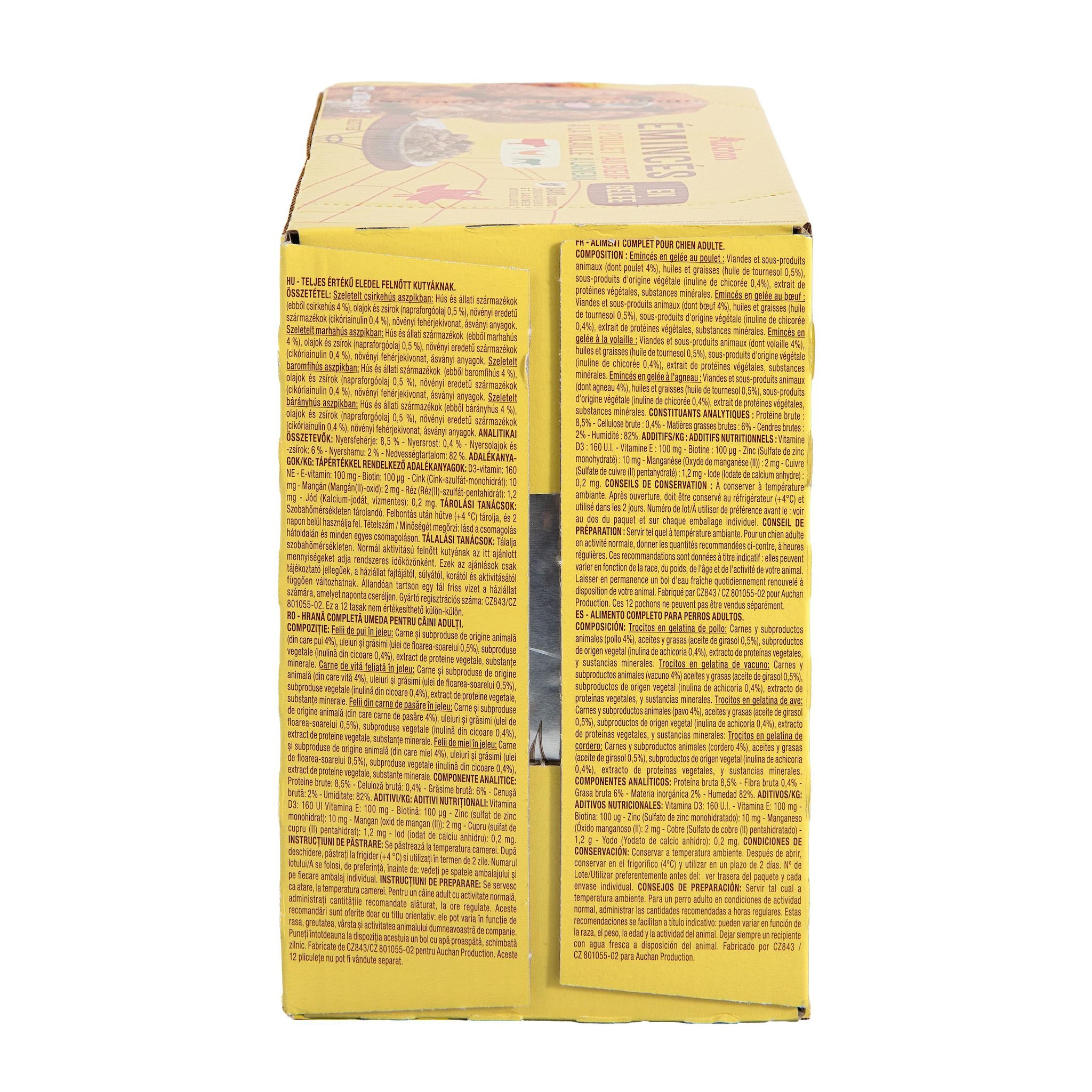 Voir la diapositive 4 : AUCHAN Sachets repas émincés en gelée viandes pour chien 12 sachets 12x100g