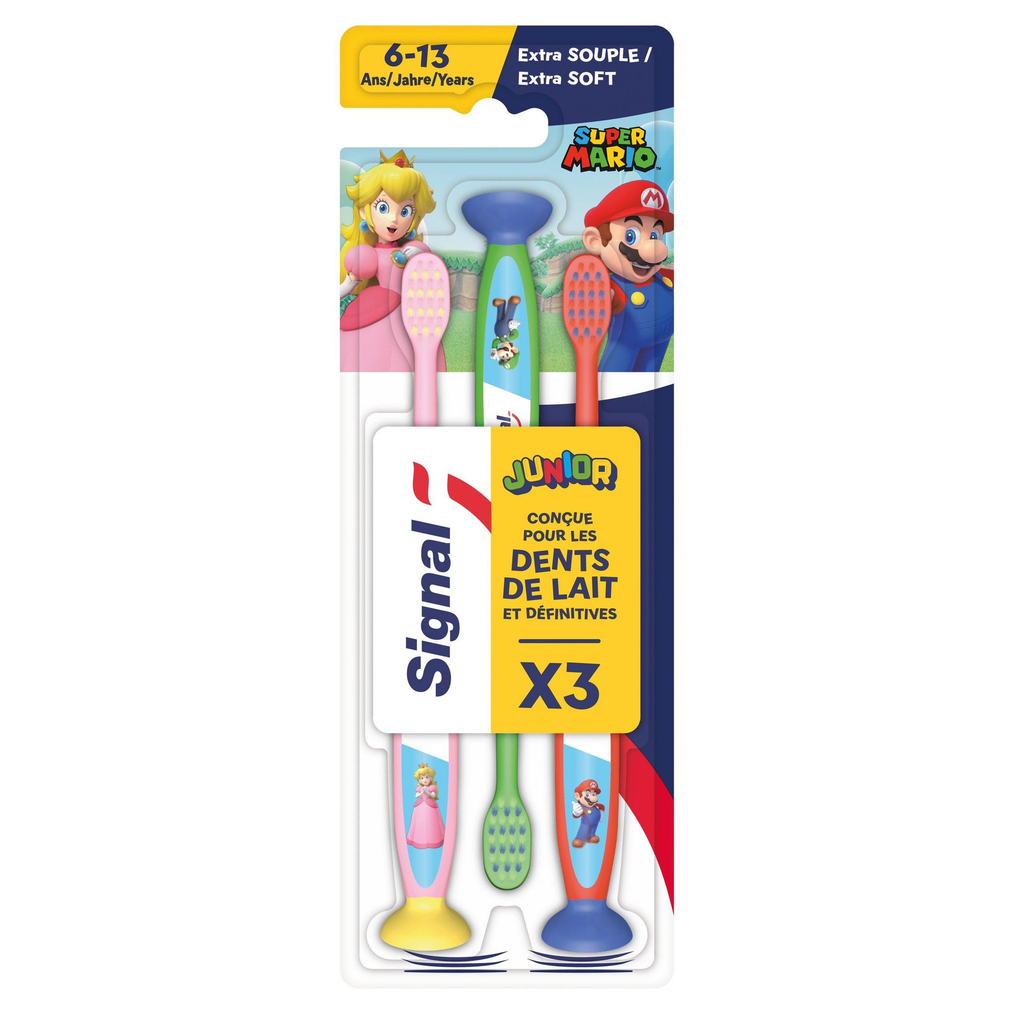 Voir la diapositive 2 : SIGNAL Brosses à dents junior Super Mario de 6 à 13 ans extra souple 3 pièces