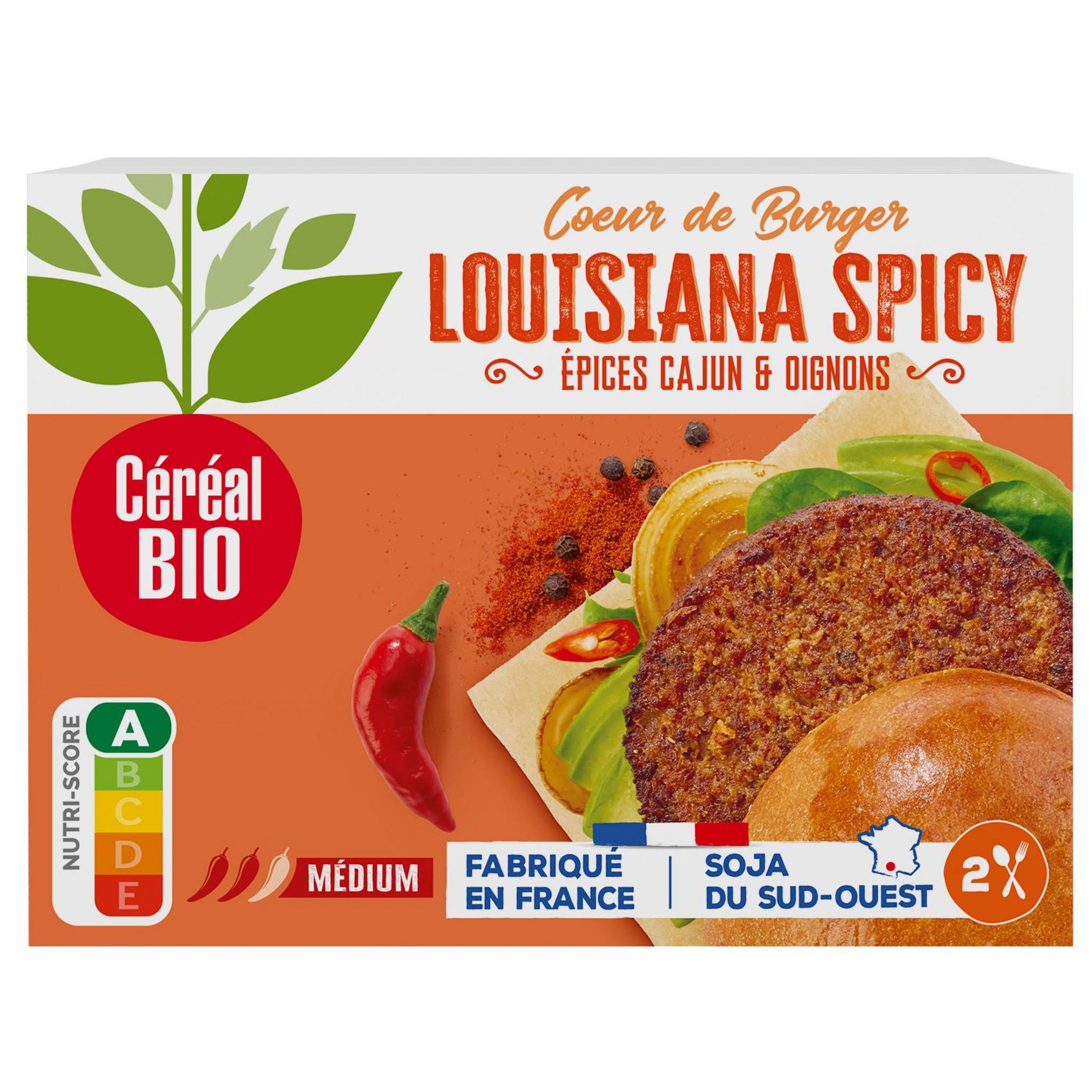 CÉRÉAL BIO Cœur de burger Louisiana spicy aux épices cajun et oignons 2 portions 160g