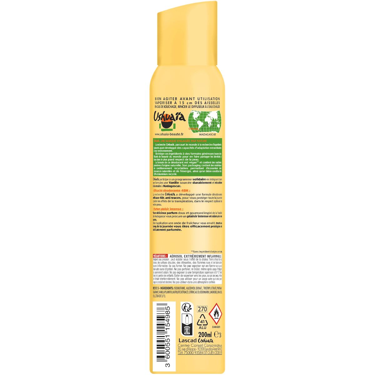 USHUAIA Déodorant spray 48h à la fleur de vanille apaisante de Madagascar 200ml