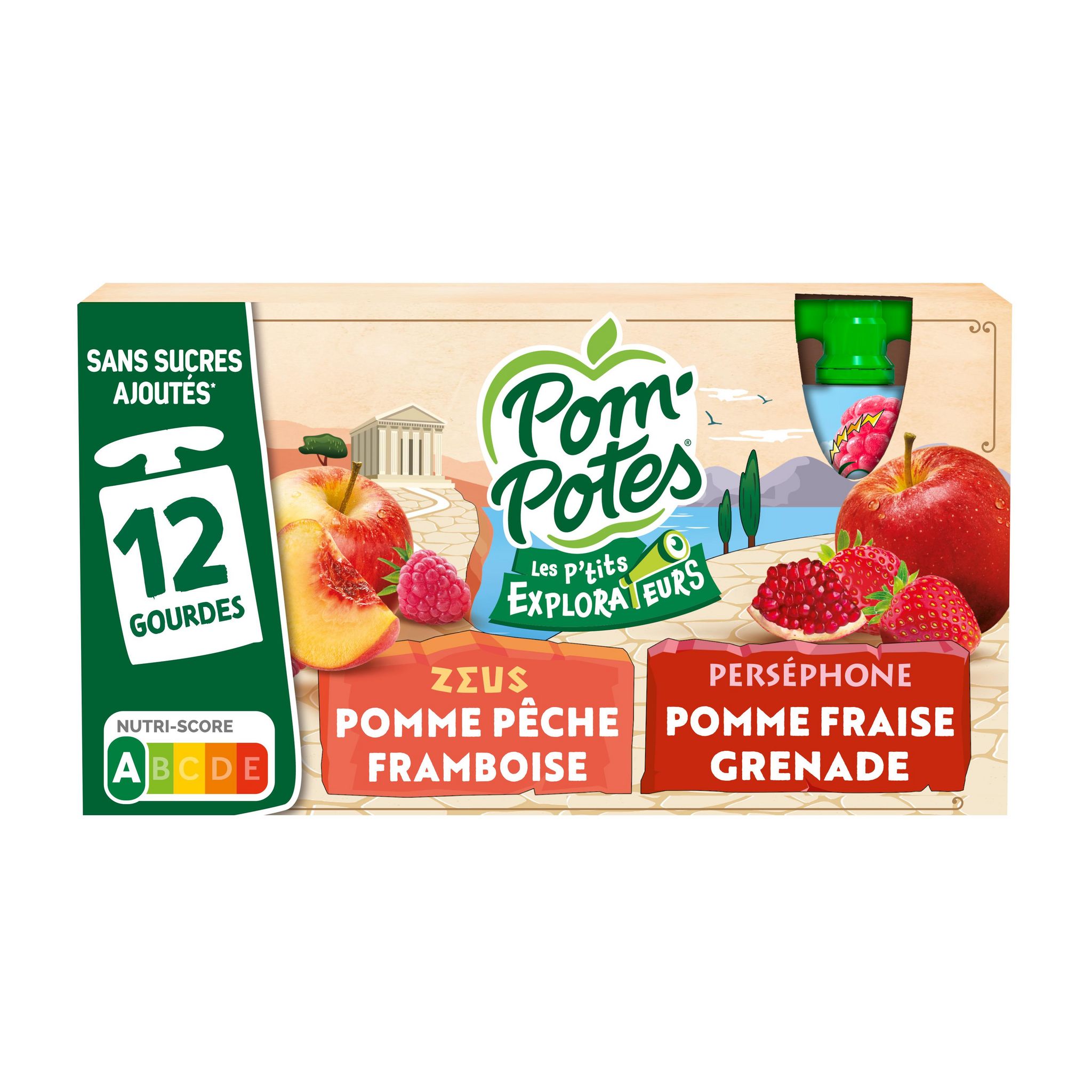 POM'POTES Gourdes compotes de pomme pêche framboise et pomme fraise grenade sans sucres ajoutés 12x90g