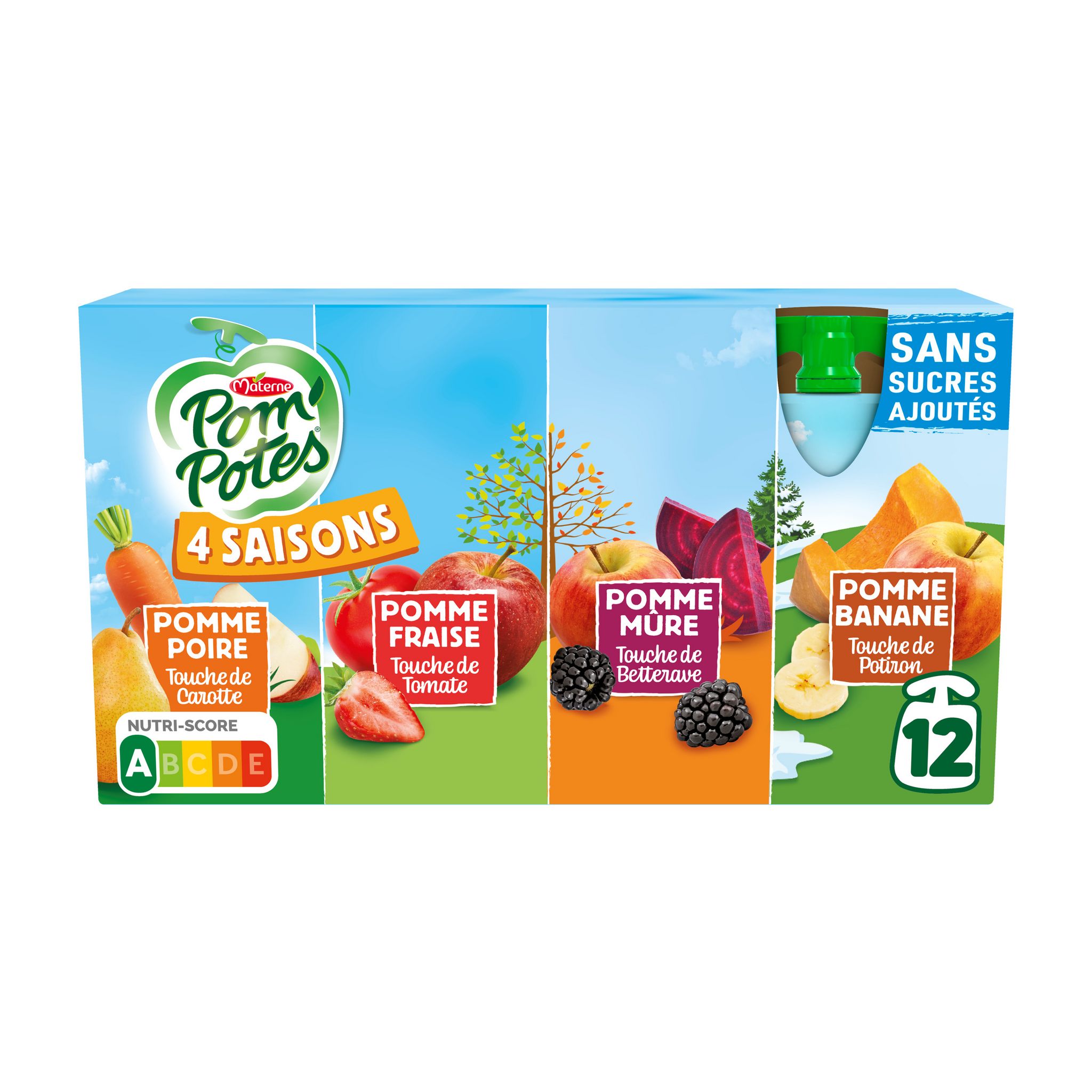 POM'POTES Gourdes compotes de fruits et légumes 4 saisons sans sucres ajoutés 12 gourdes 12x90g