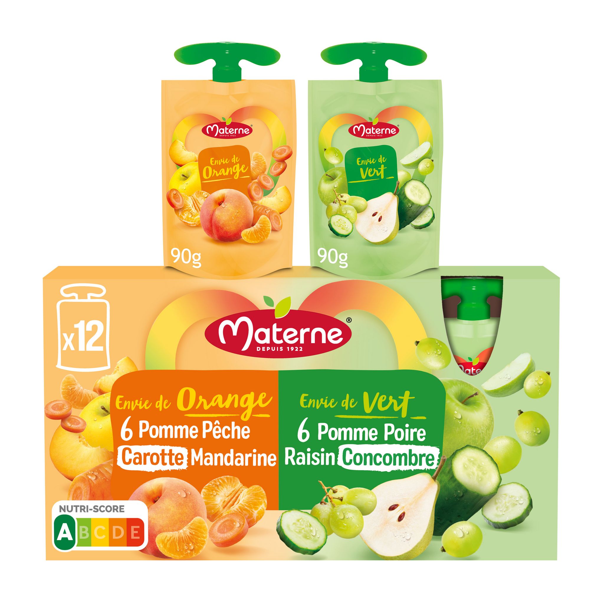 MATERNE Gourdes compotes de fruits et légumes Envie de Orange et Envie de vert 12 gourdes 12x90g