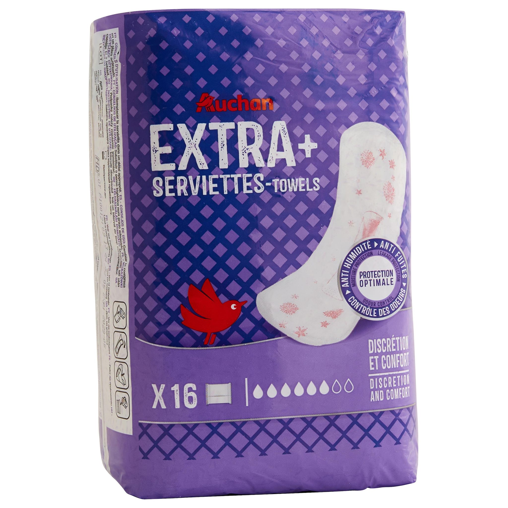 Voir la diapositive 2 : AUCHAN Serviettes hygiéniques sans ailettes extra+ 16 serviettes