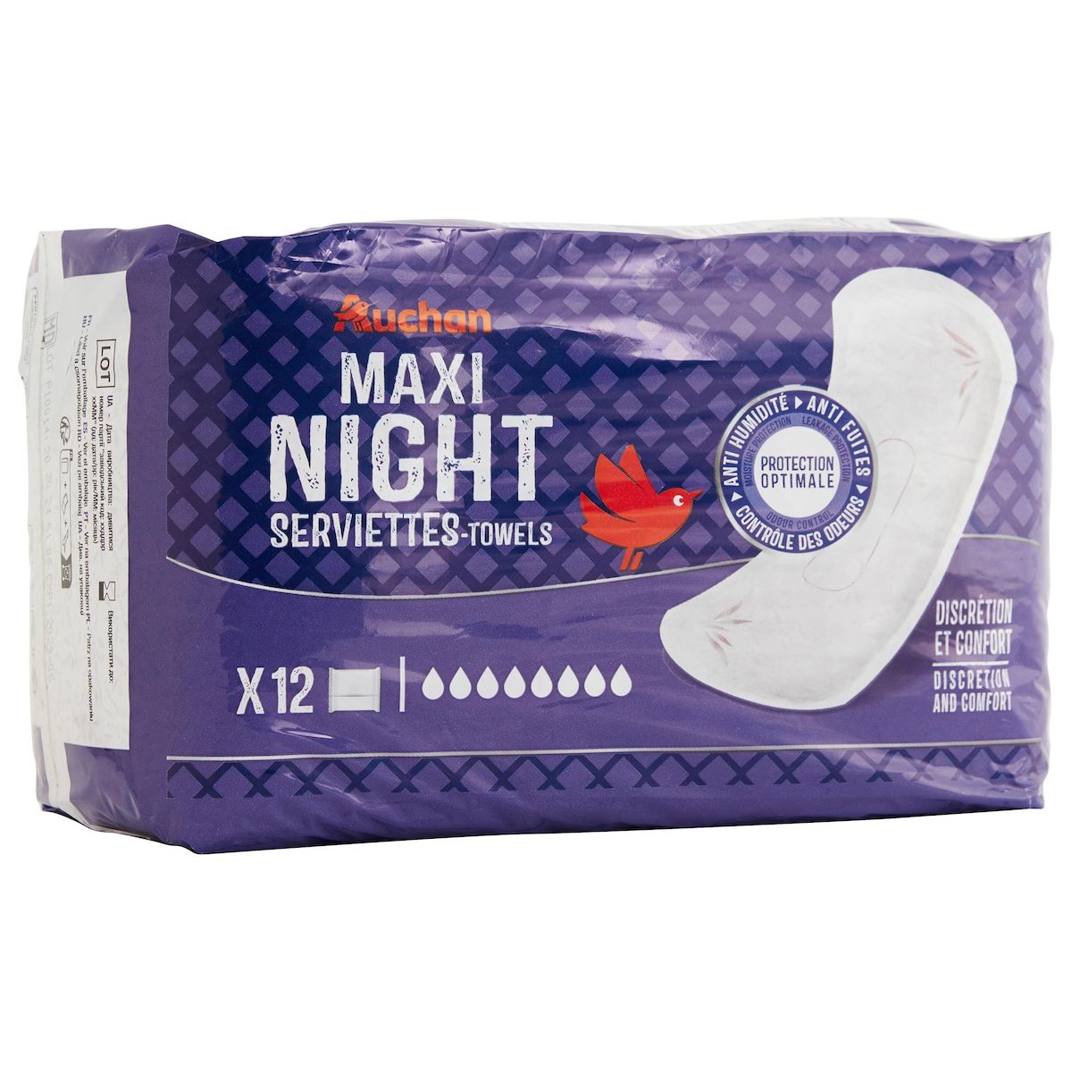 AUCHAN Maxi night serviettes hygiéniques sans ailettes 12 serviettes