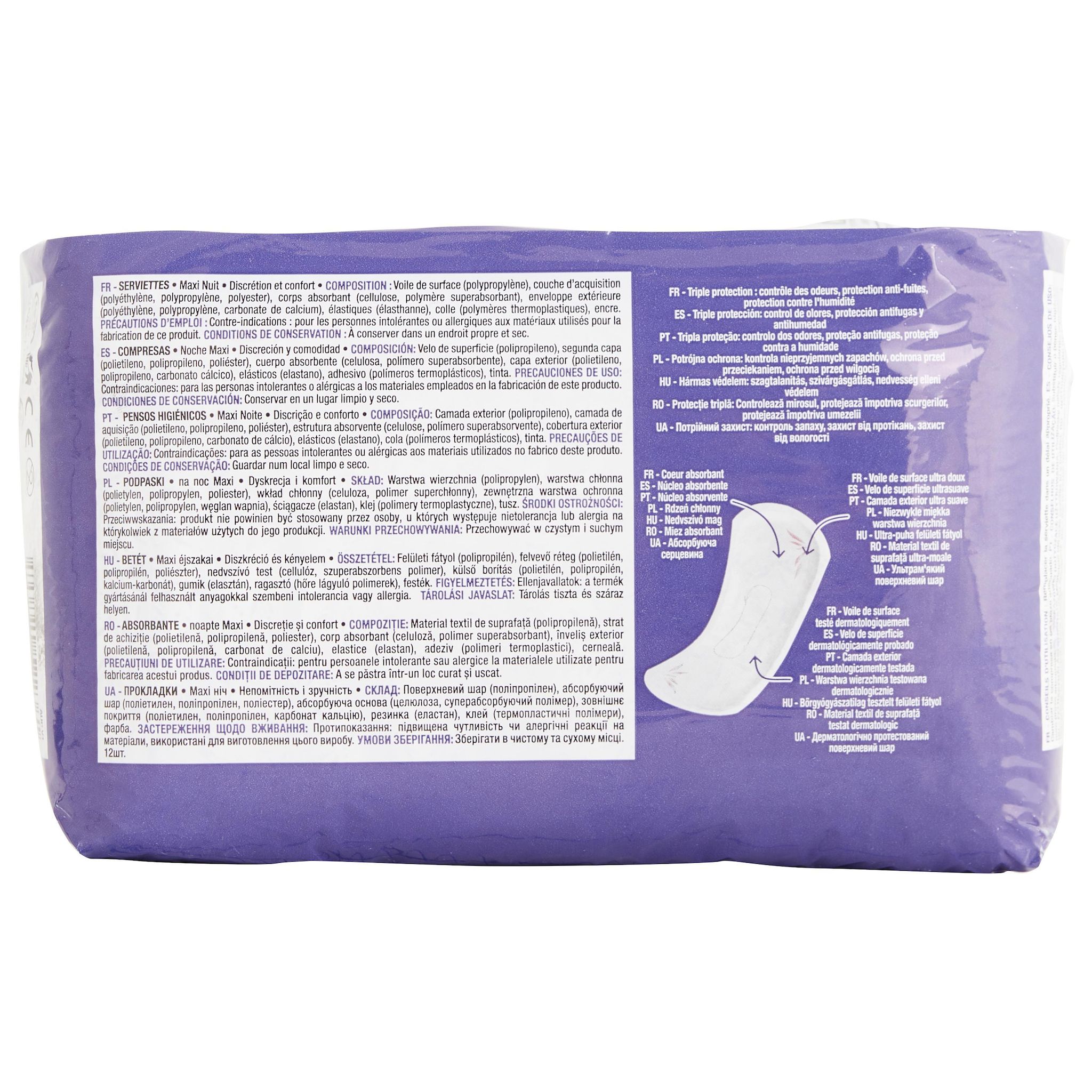 Voir la diapositive 3 : AUCHAN Maxi night serviettes hygiéniques sans ailettes 12 serviettes