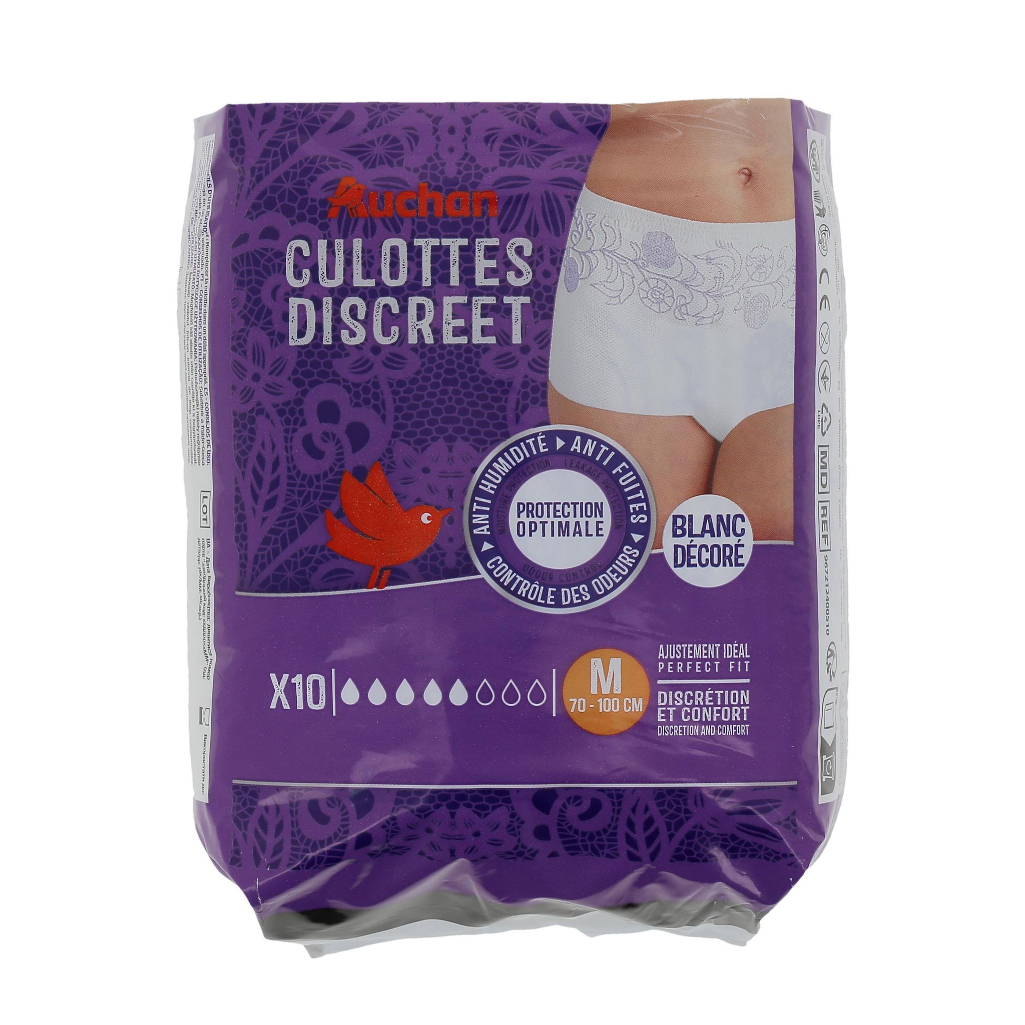 Voir la diapositive 5 : AUCHAN Culottes discreet incontinence blanc décoré taille M 70-100cm 10 culottes