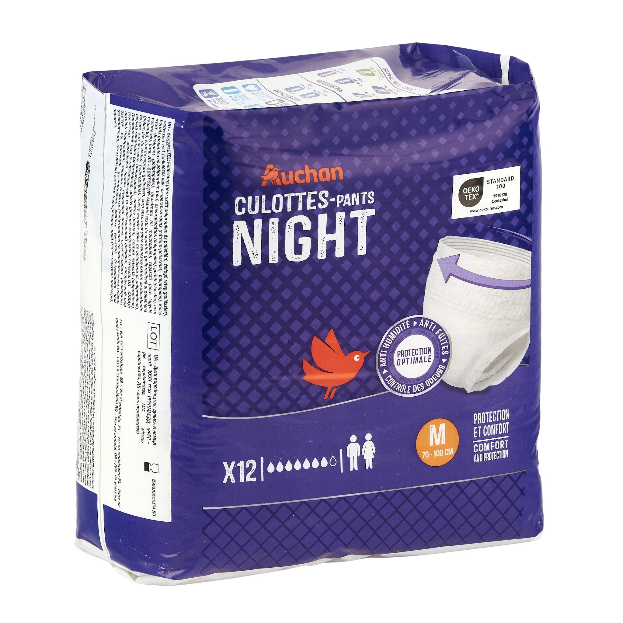 Voir la diapositive 4 : AUCHAN Couches culottes nuit taille M (70-100cm) 12 couches culottes