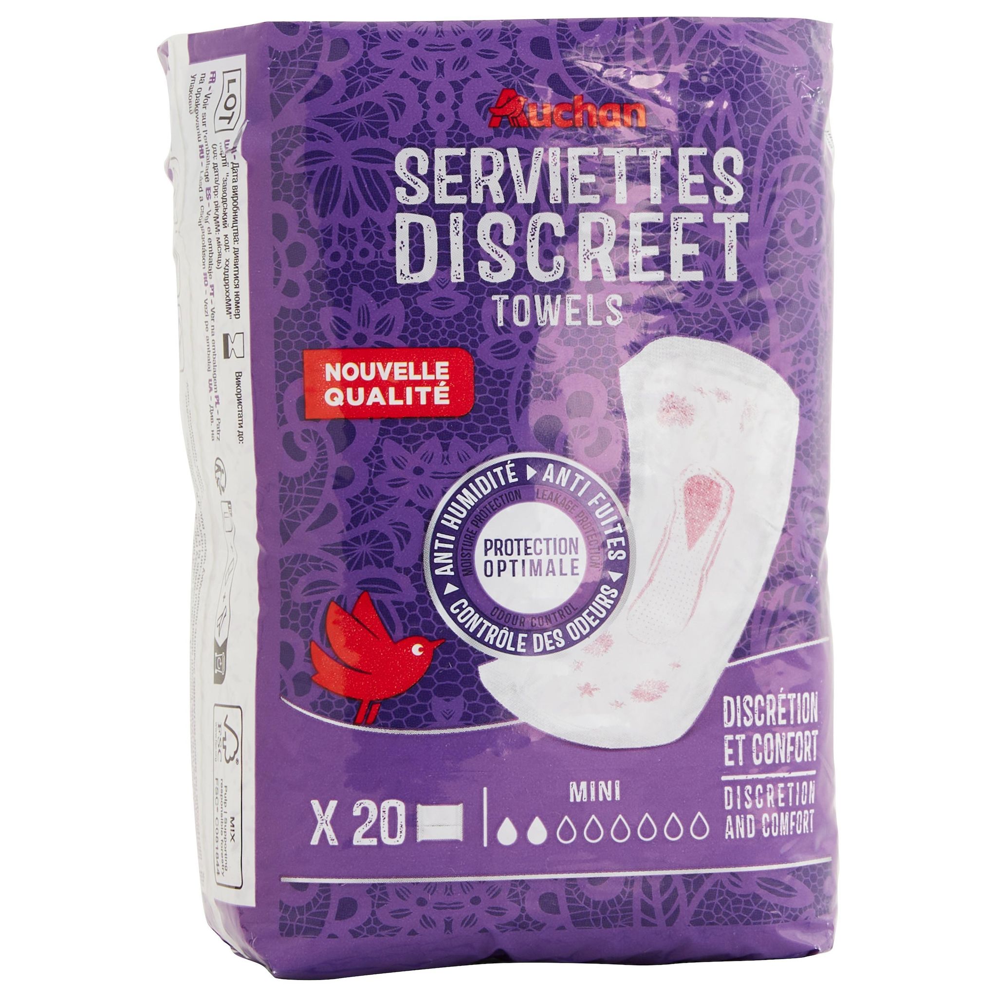 Voir la diapositive 2 : AUCHAN Discreet serviettes mini 20 pièces