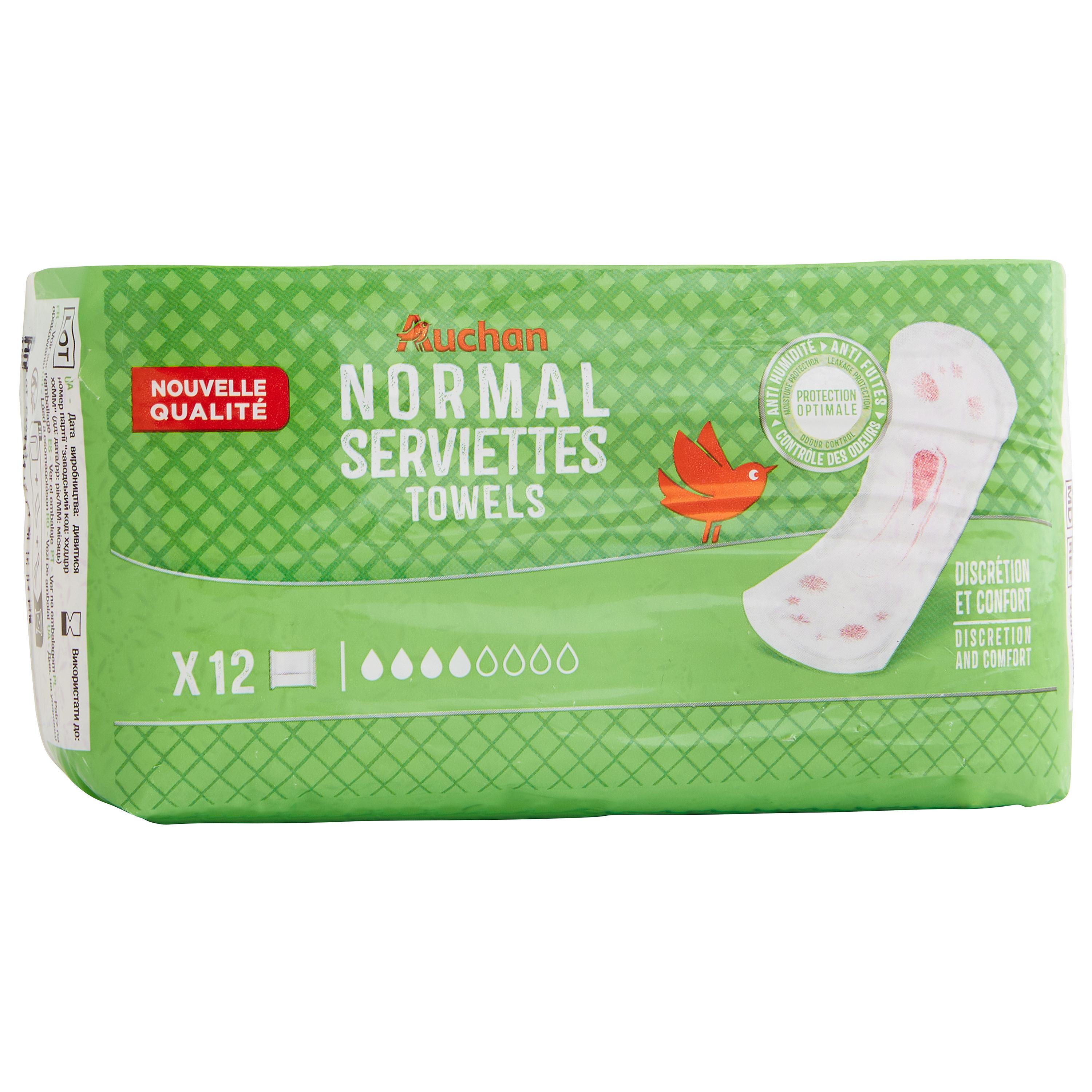 Voir la diapositive 3 : AUCHAN Serviettes hygiéniques sans ailettes normal 12 serviettes