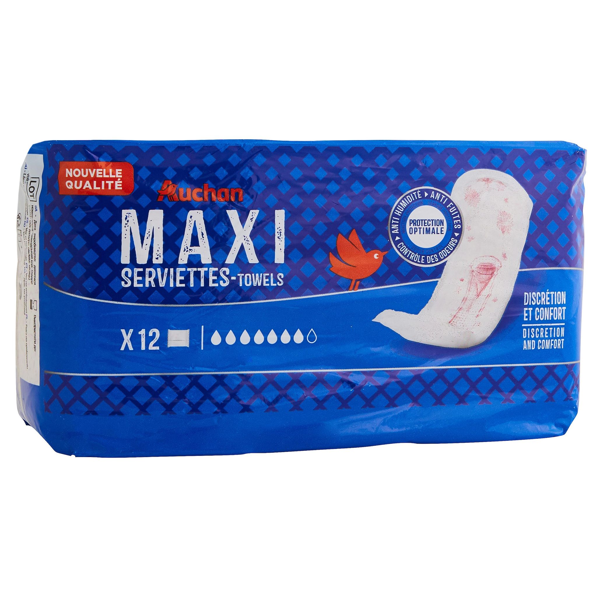 Voir la diapositive 3 : AUCHAN Serviettes hygiéniques maxi sans ailettes 12 serviettes