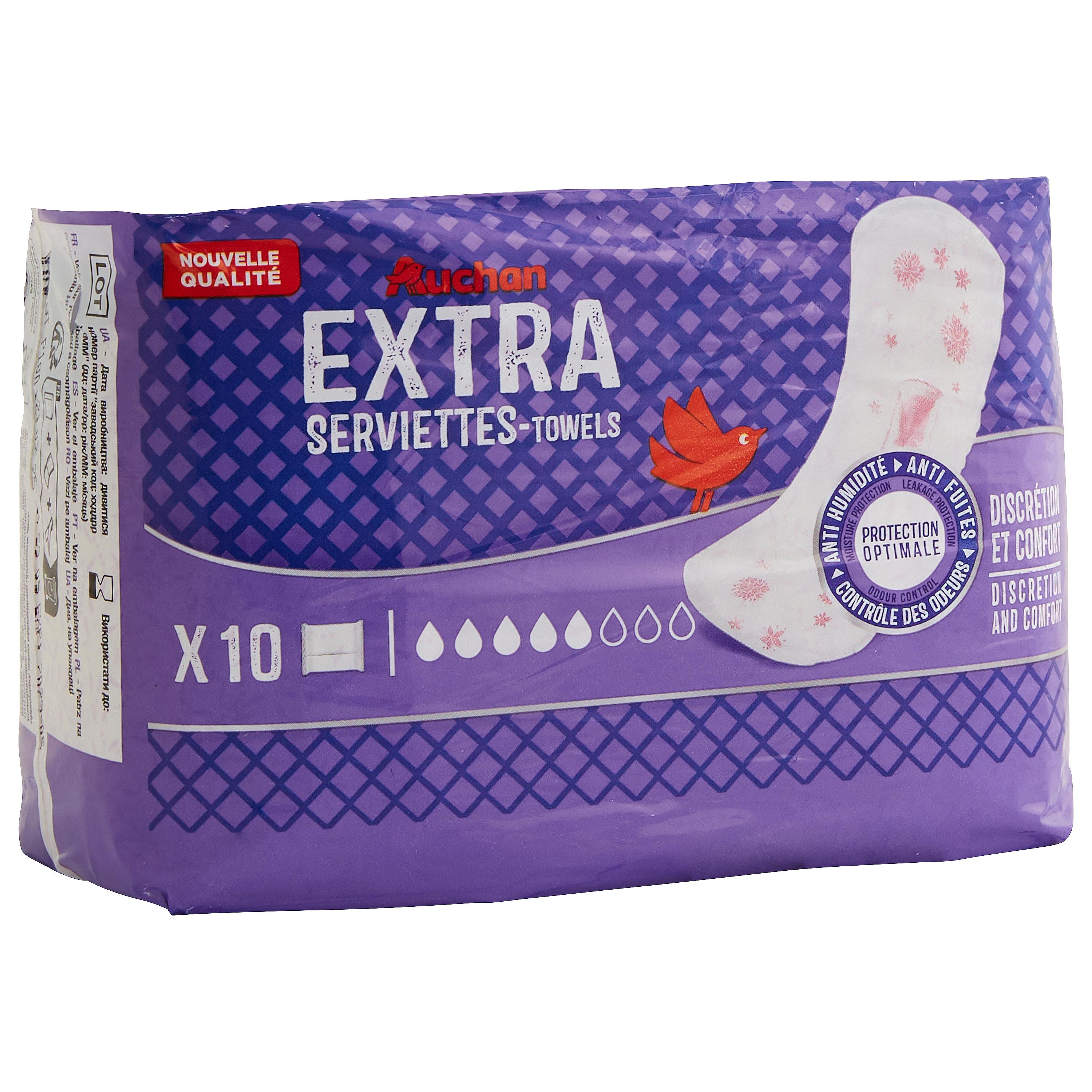 Voir la diapositive 2 : AUCHAN Serviettes hygiéniques extra sans ailettes 10 serviettes