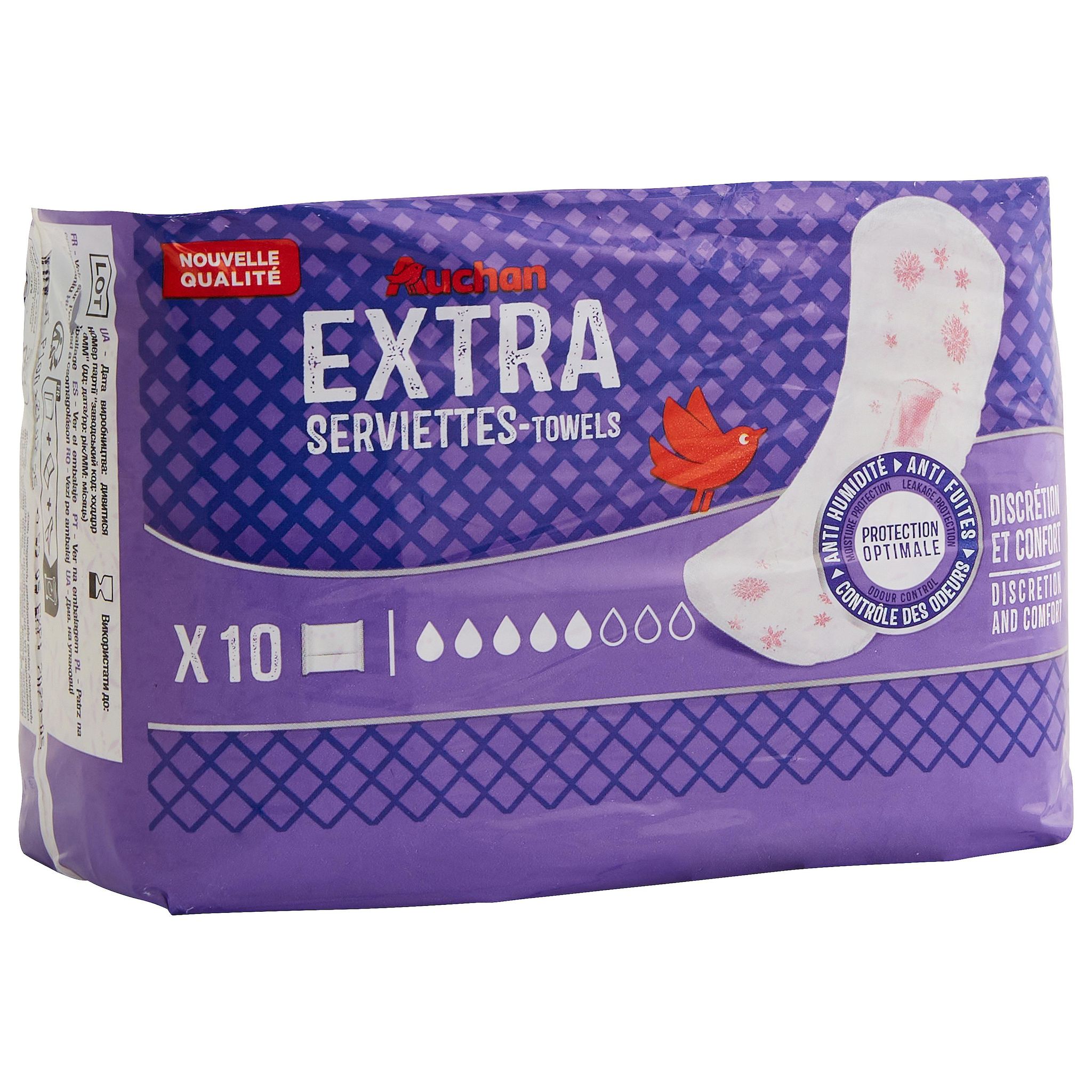 Voir la diapositive 2 : AUCHAN Serviettes hygiéniques extra sans ailettes 10 serviettes