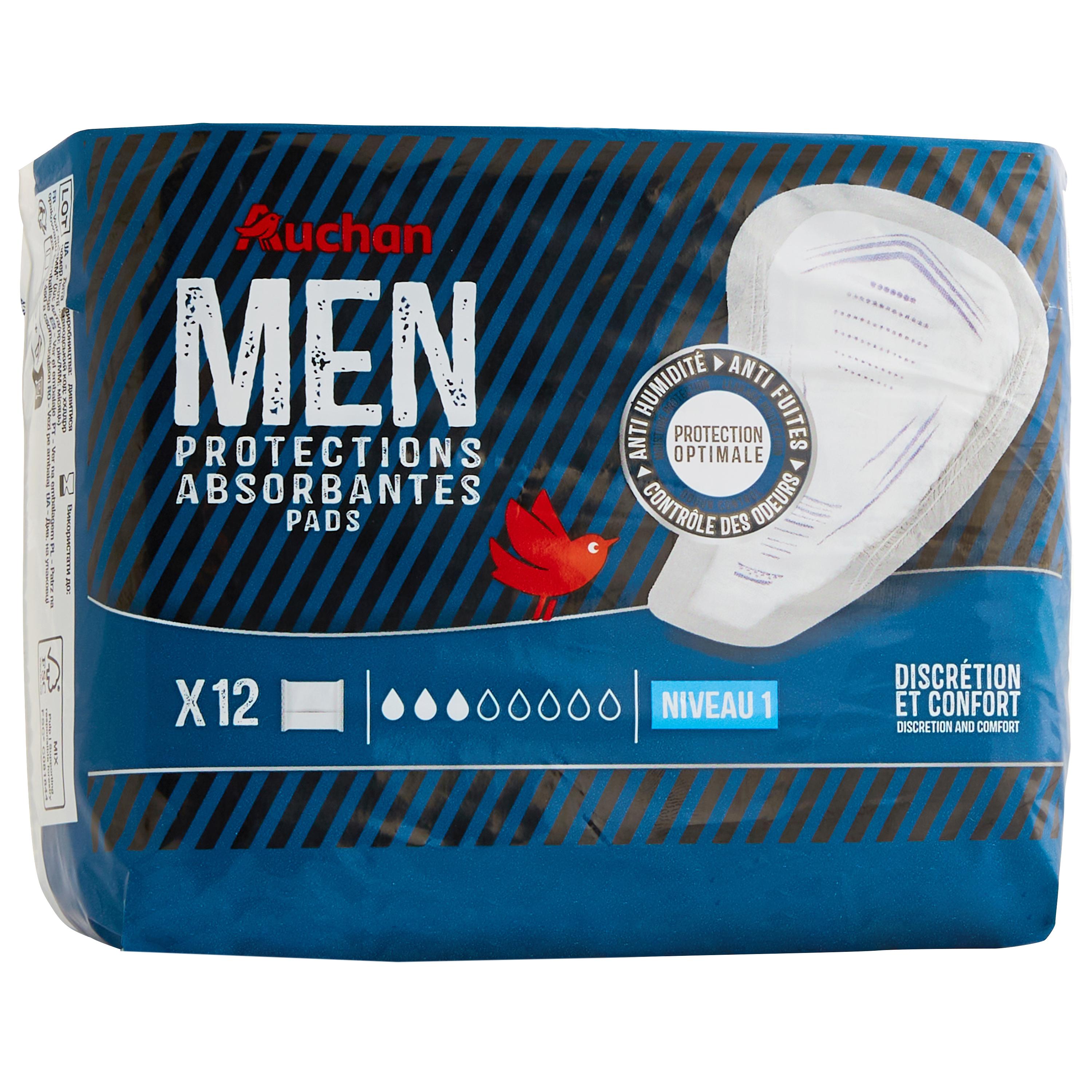 Voir la diapositive 2 : AUCHAN Men Protections absorbantes discrétion et confort niveau 1 12 protections