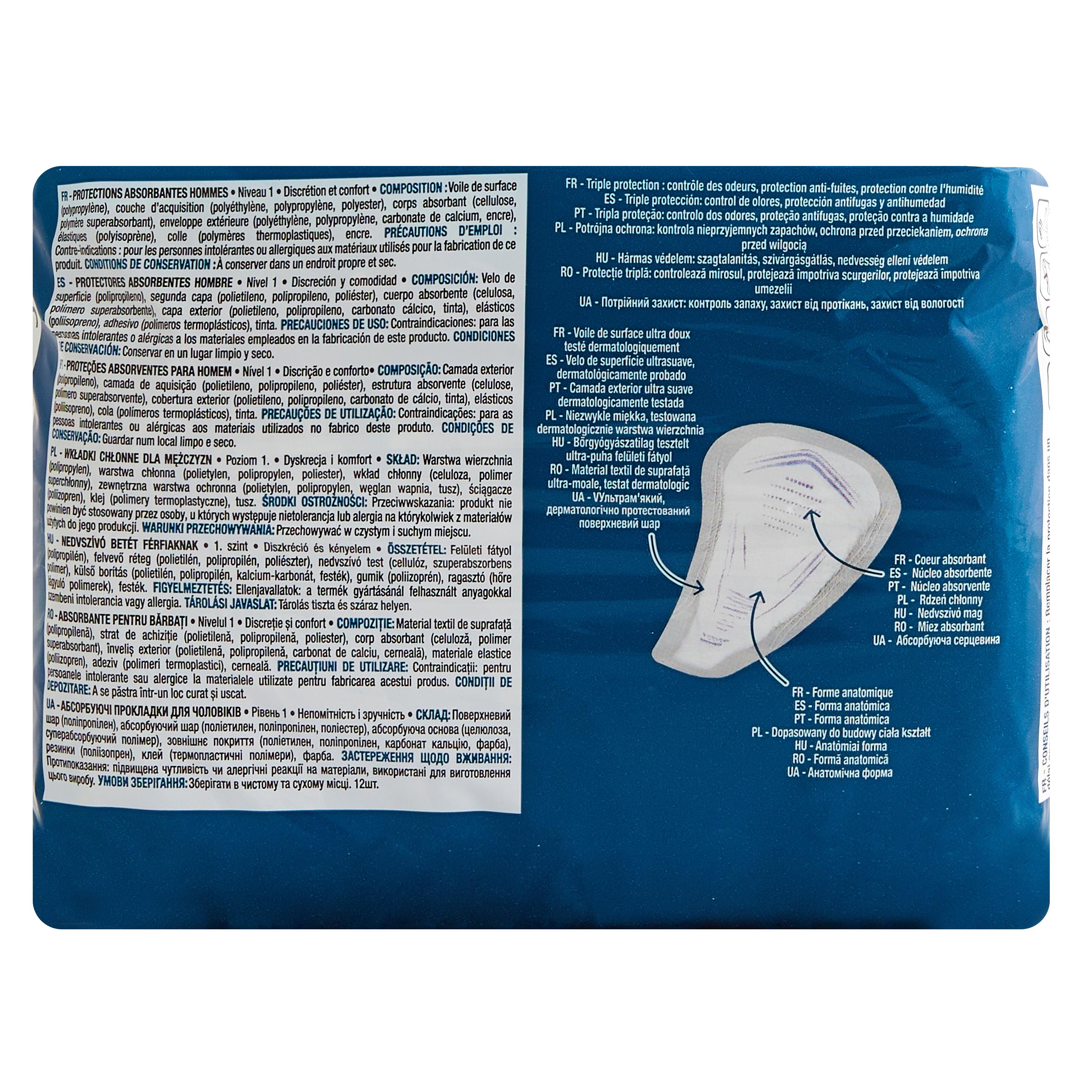 Voir la diapositive 3 : AUCHAN Men Protections absorbantes discrétion et confort niveau 1 12 protections