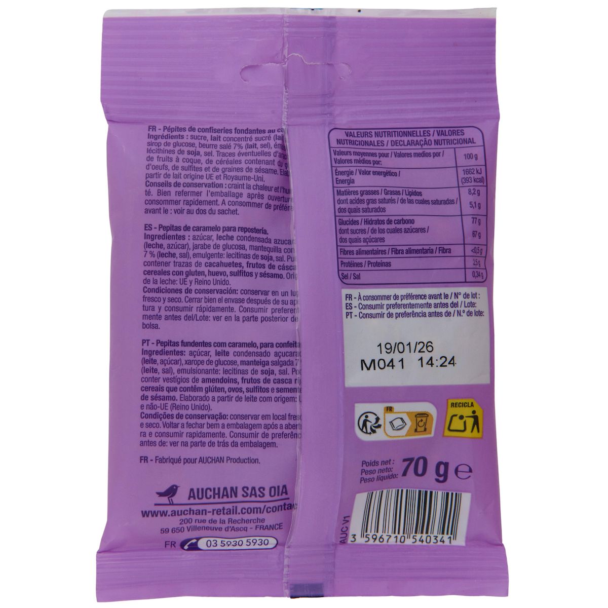 AUCHAN Pépites fudge caramel sachet refermable 170g