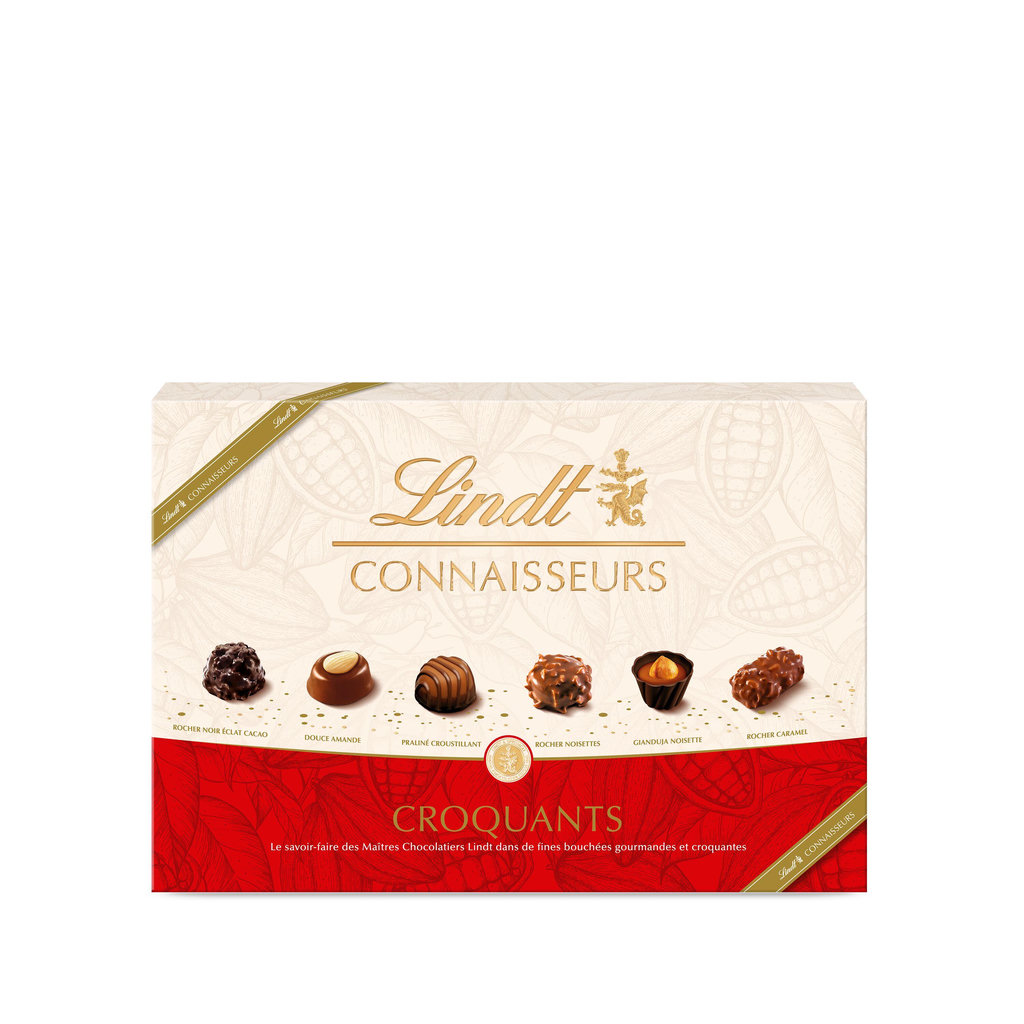 LINDT Connaisseurs assortiment de bouchées croquantes au chocolat noir, lait et blanc 405g