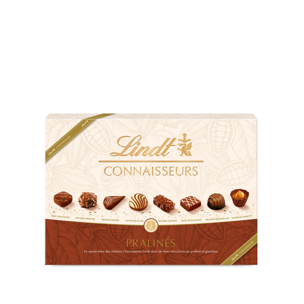 LINDT Connaisseurs boîte assortiment de bouchées au chocolat au lait praliné 38 bouchées 409g