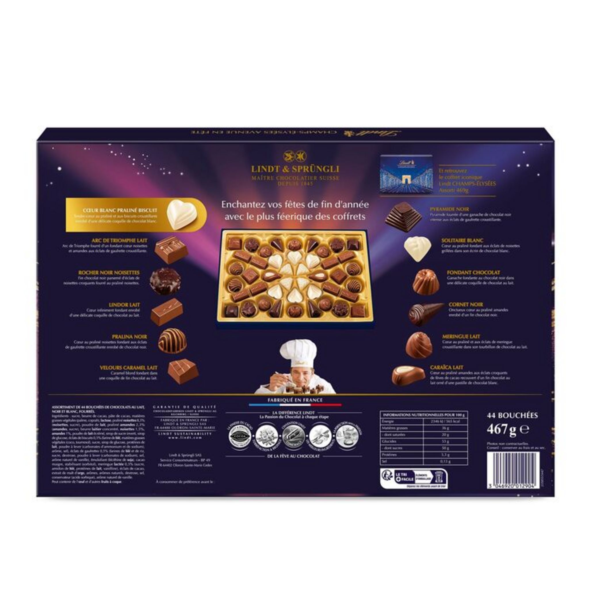 Voir la diapositive 2 : LINDT Champs-Elysées Avenue en Fête boîte assortiment de bouchées au chocolat lait noir et blanc 44 bouchées 467g