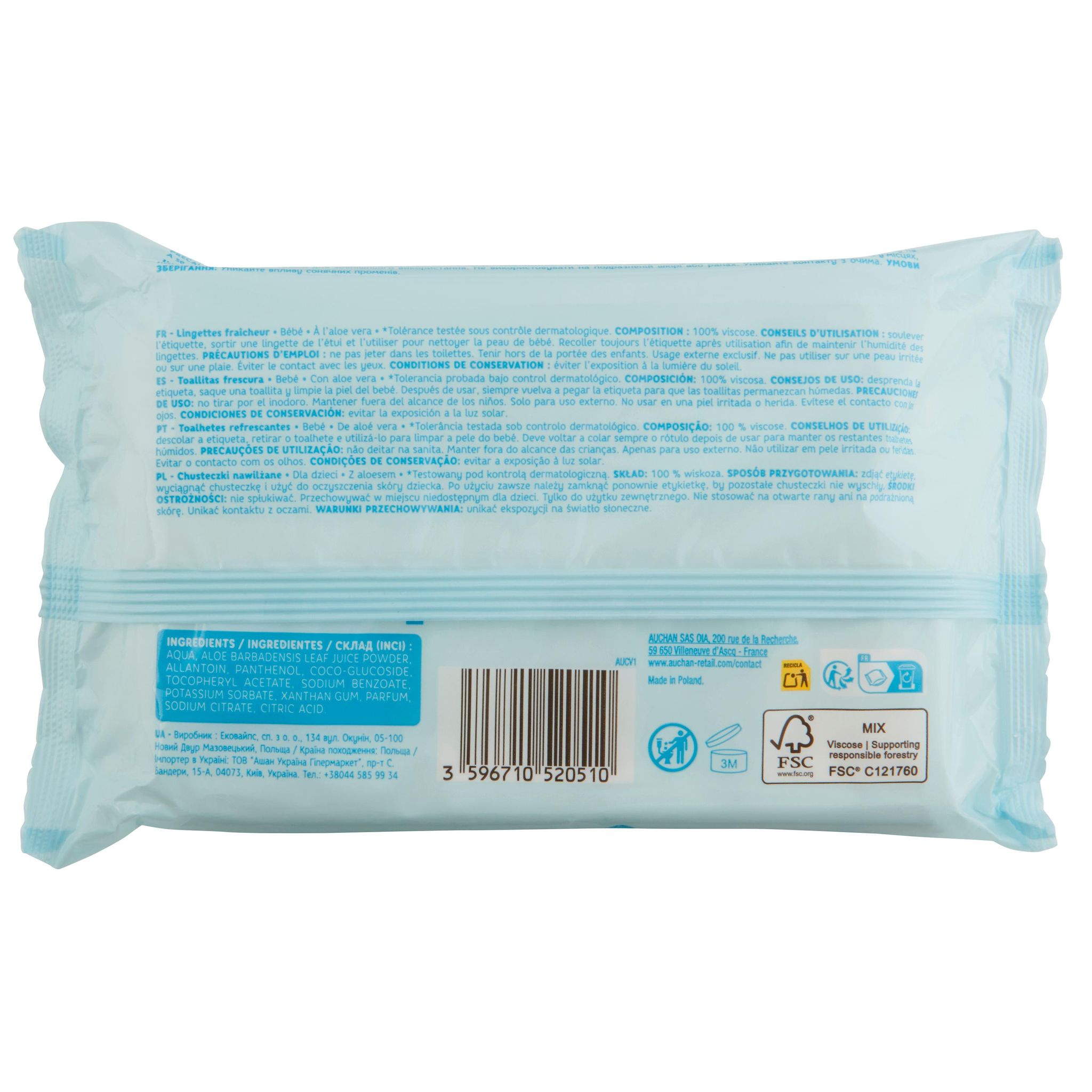 Voir la diapositive 3 : AUCHAN BABY Lingettes fraicheur à l'aloé vera 72 lingettes