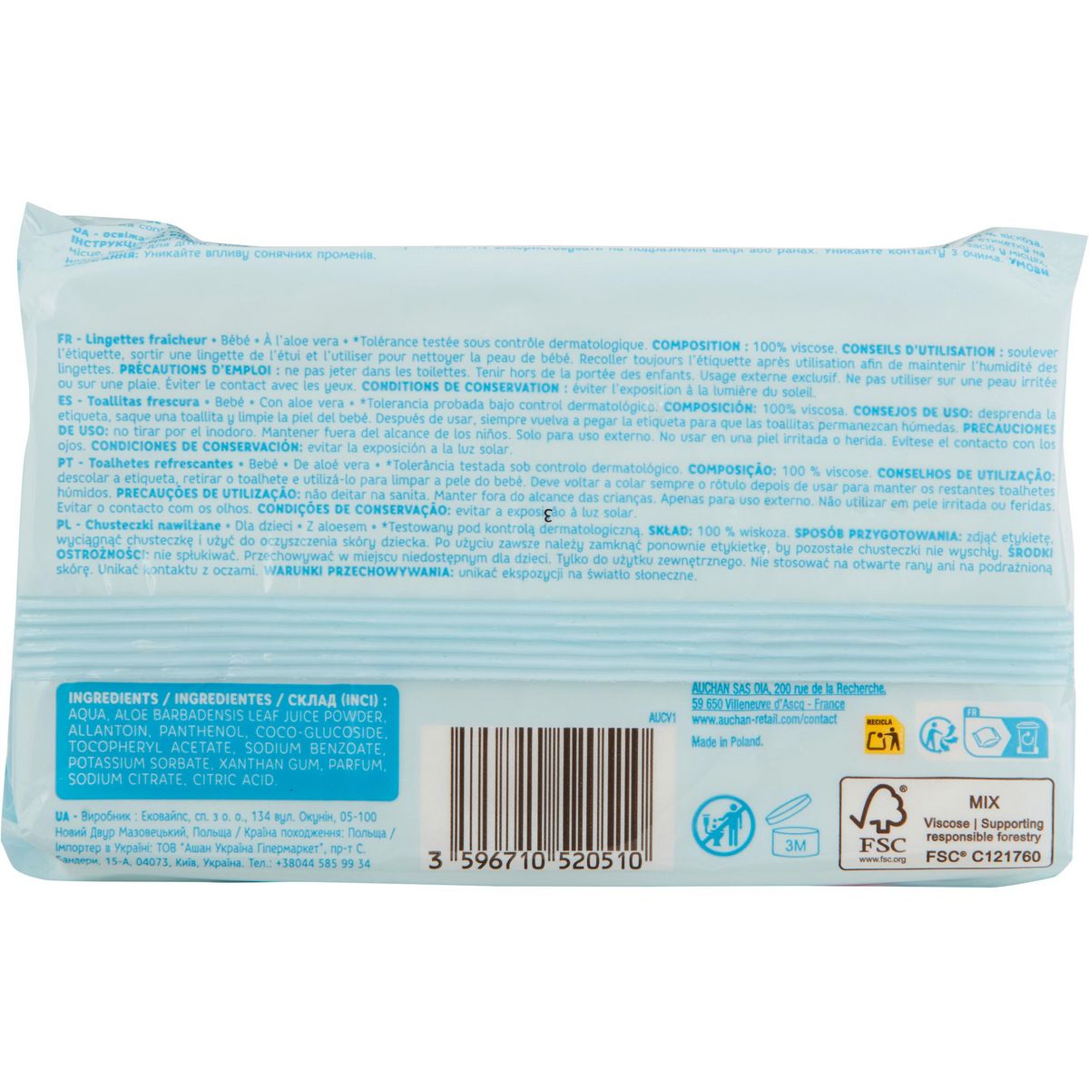AUCHAN BABY Lingettes fraicheur à l'aloe vera 3x72 lingettes
