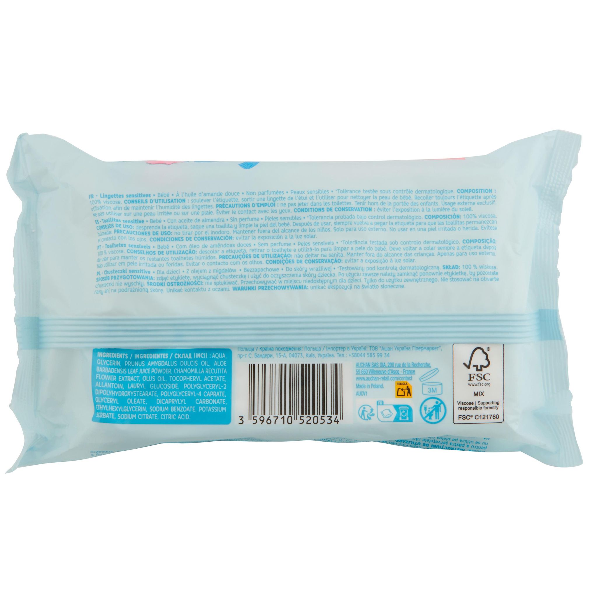 Voir la diapositive 2 : AUCHAN BABY Lingettes sensitive à l'huile d'amande douce 64 lingettes