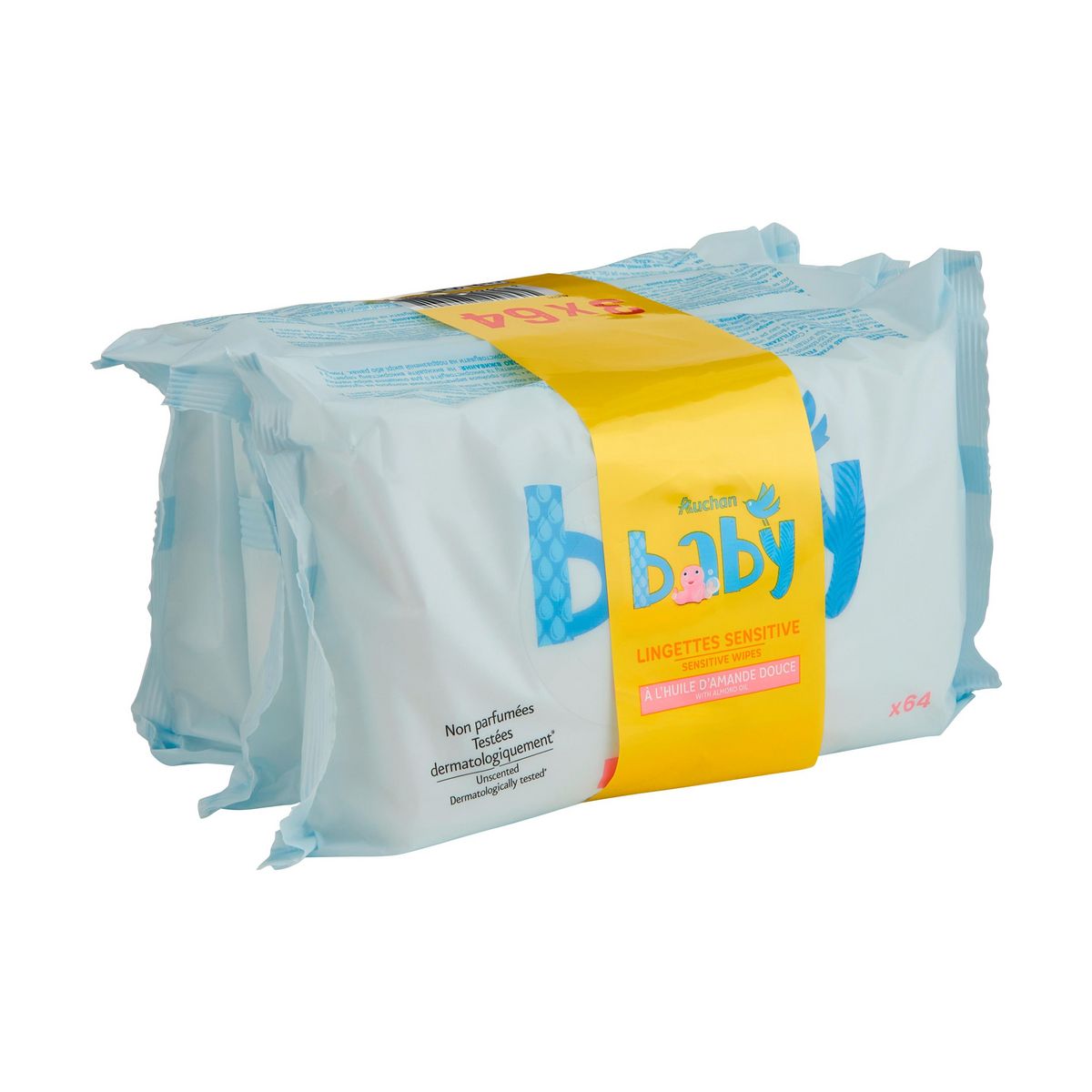 AUCHAN BABY Lingettes sensitive au lait d'amande douce lot de 3 3x64 lingettes
