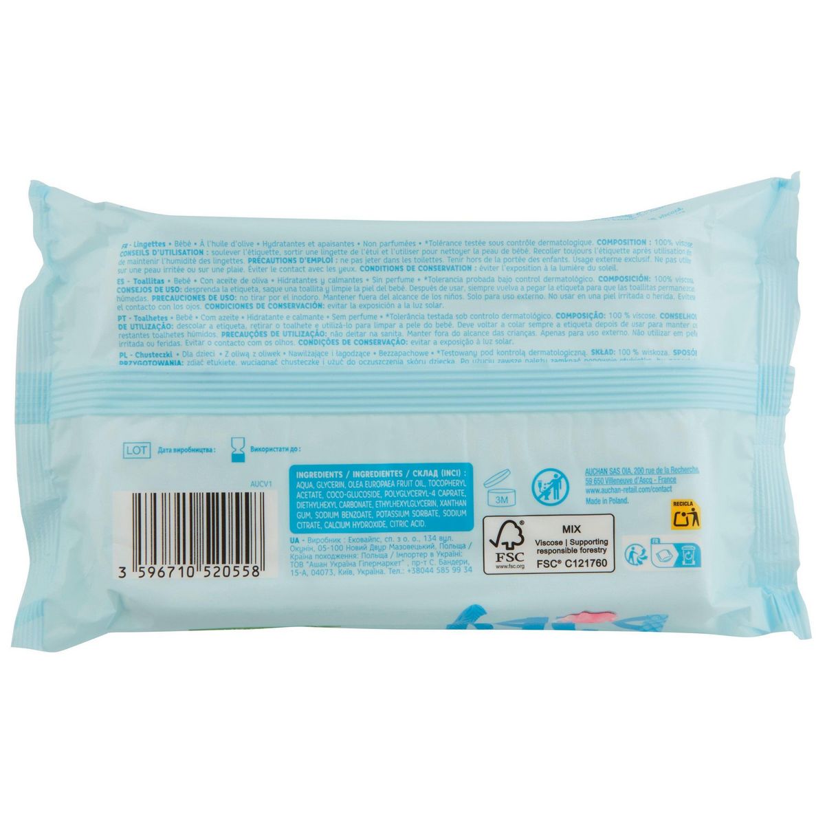 AUCHAN BABY Lingettes à l'huile d'olive 64 lingettes