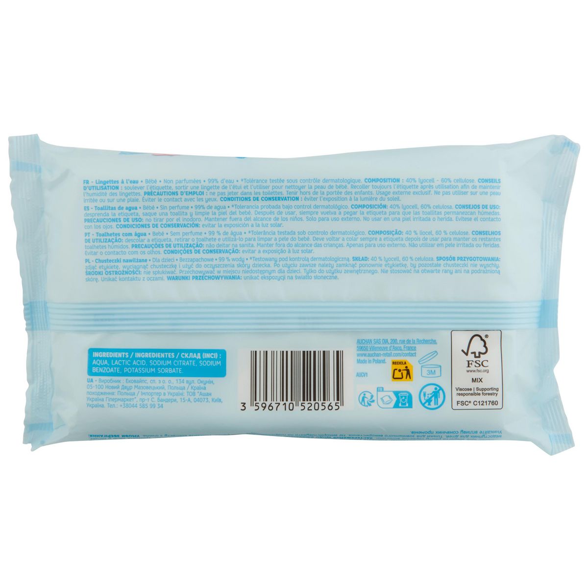 AUCHAN BABY Lingettes à l'eau pure 64 lingettes