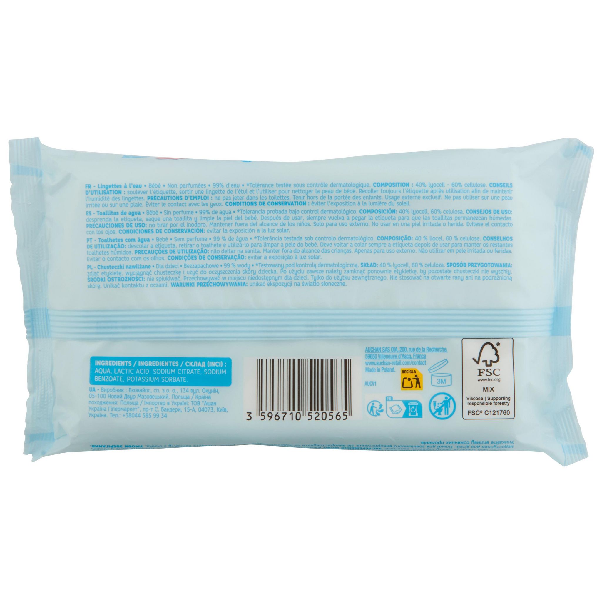 Voir la diapositive 4 : AUCHAN BABY Lingettes à l'eau pure 64 lingettes