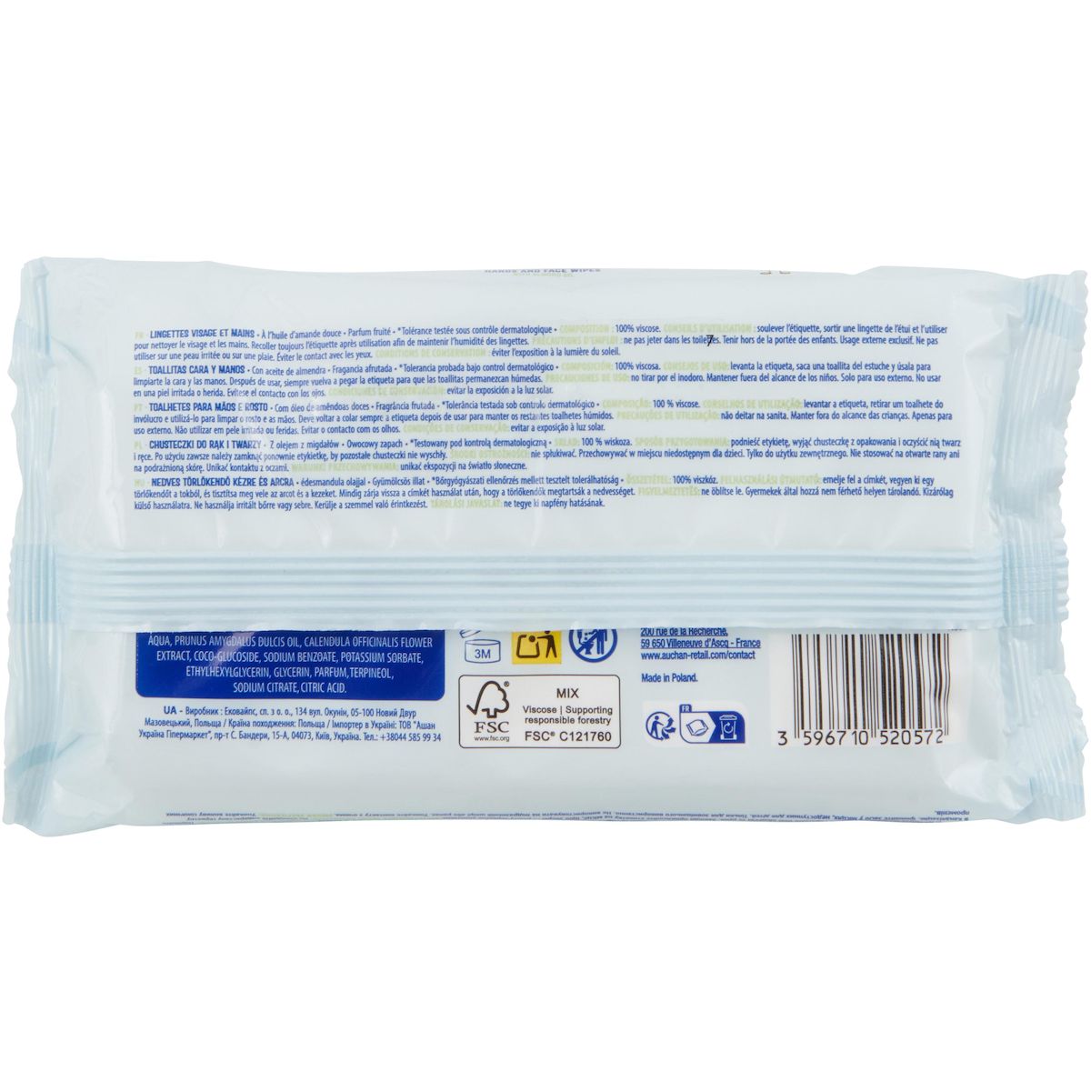 AUCHAN BABY BIO Lingettes visage et mains à l'huile amande douce 40 lingettes