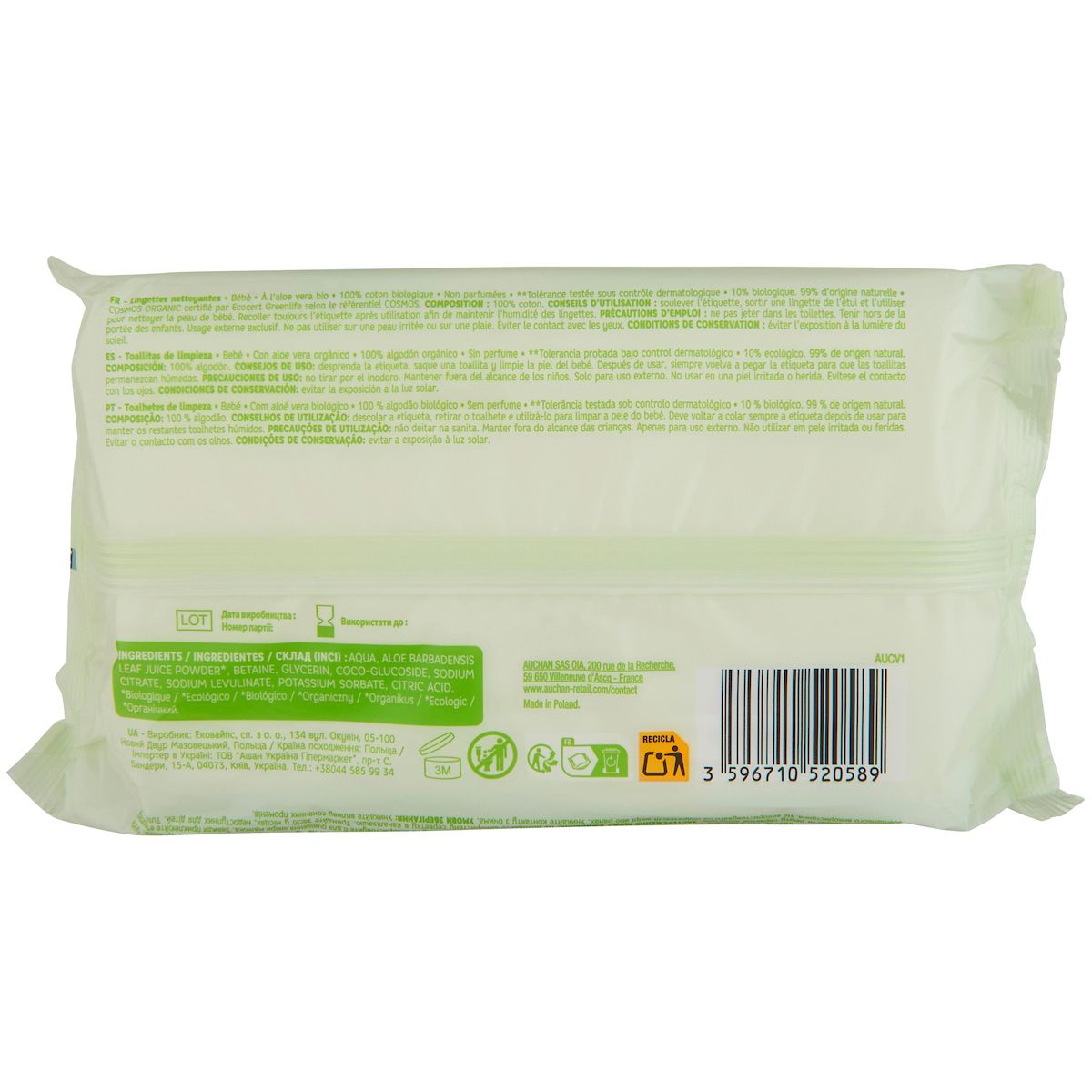 AUCHAN BABY Lingettes nettoyantes aloe vera bio x64