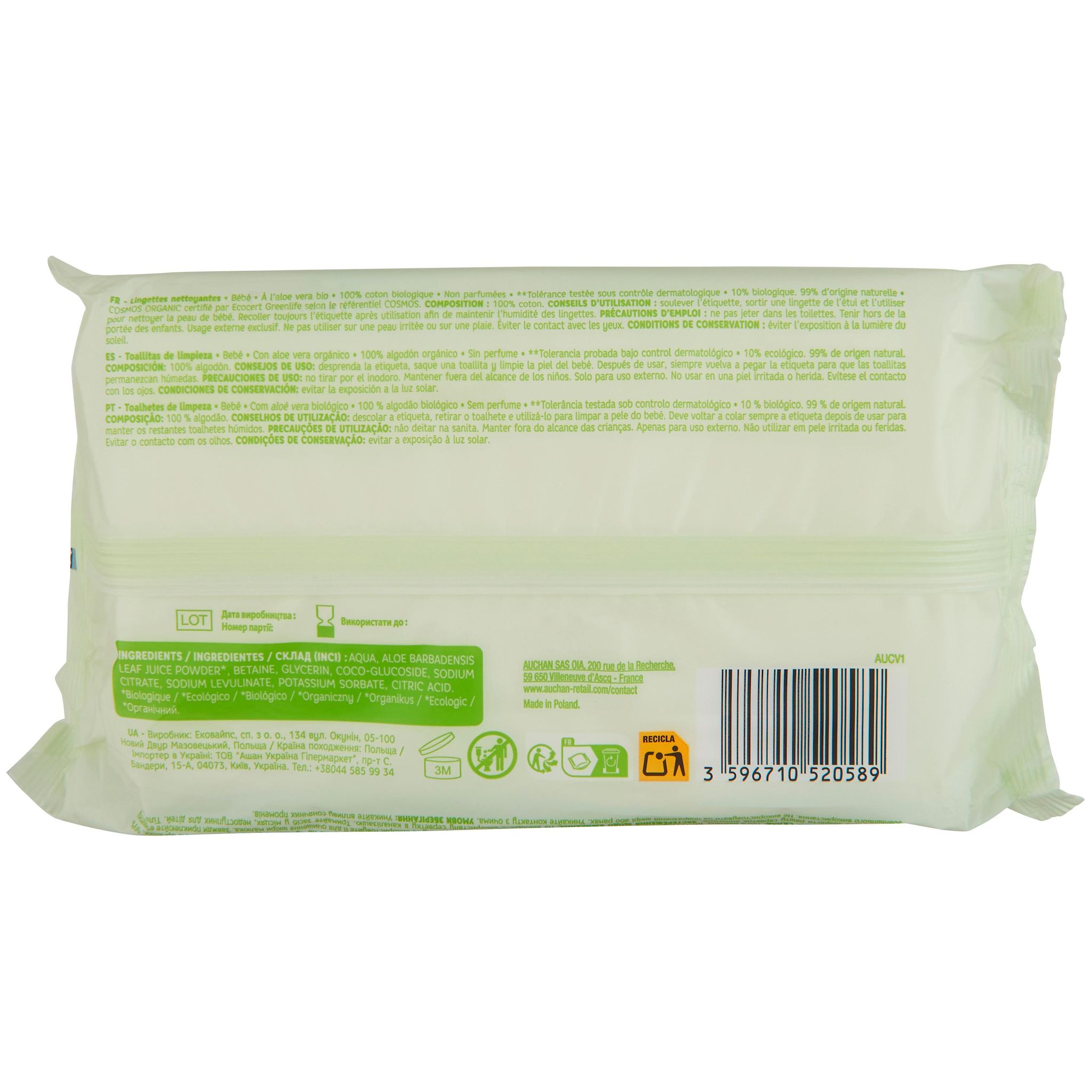 Voir la diapositive 4 : AUCHAN BABY Lingettes nettoyantes aloe vera bio x64