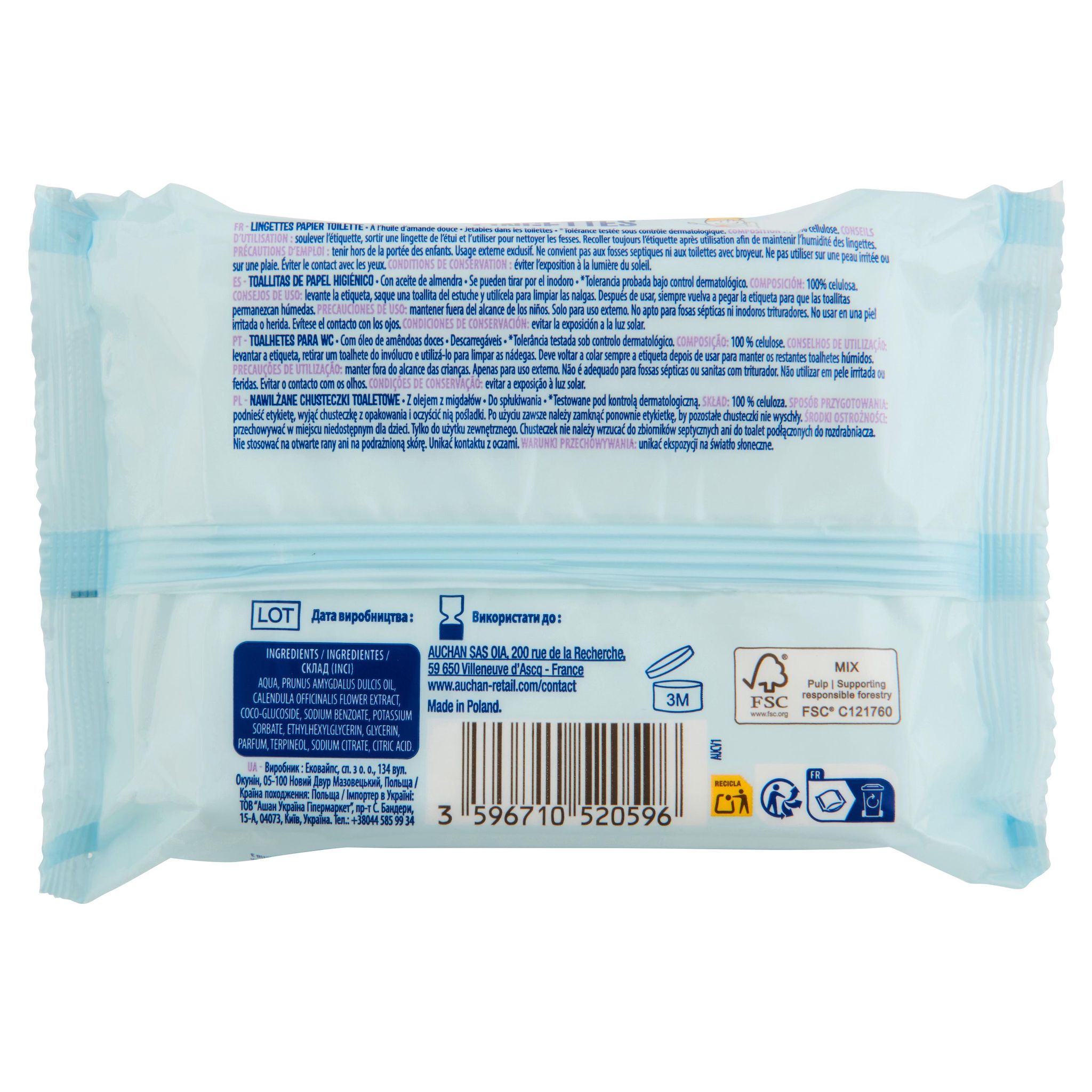 Voir la diapositive 3 : AUCHAN BABY Lingettes papier toilette à l'huile d'amande douce 60 lingettes