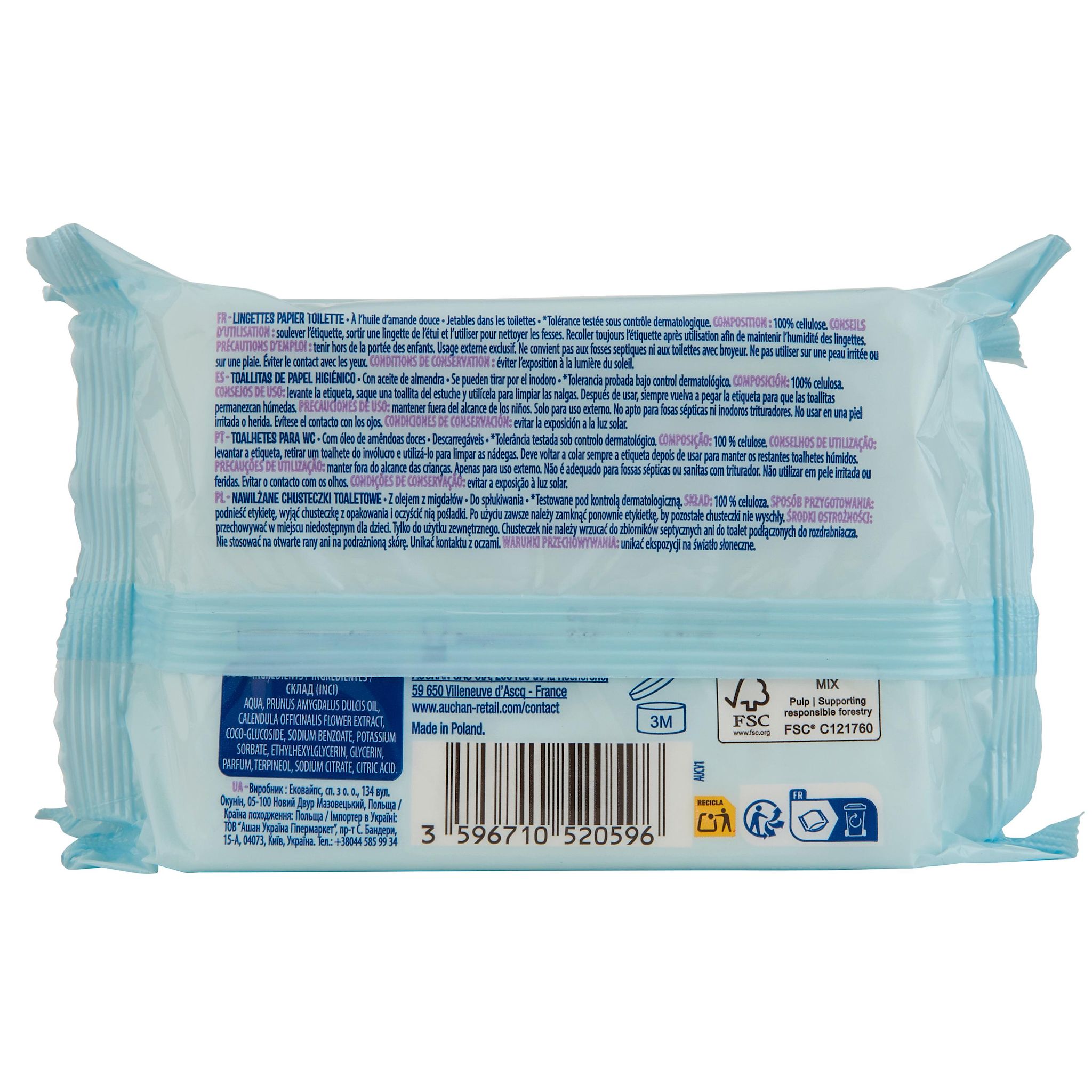 Voir la diapositive 4 : AUCHAN BABY Lingettes papier toilette à l'huile d'amande douce 2x60 lingettes
